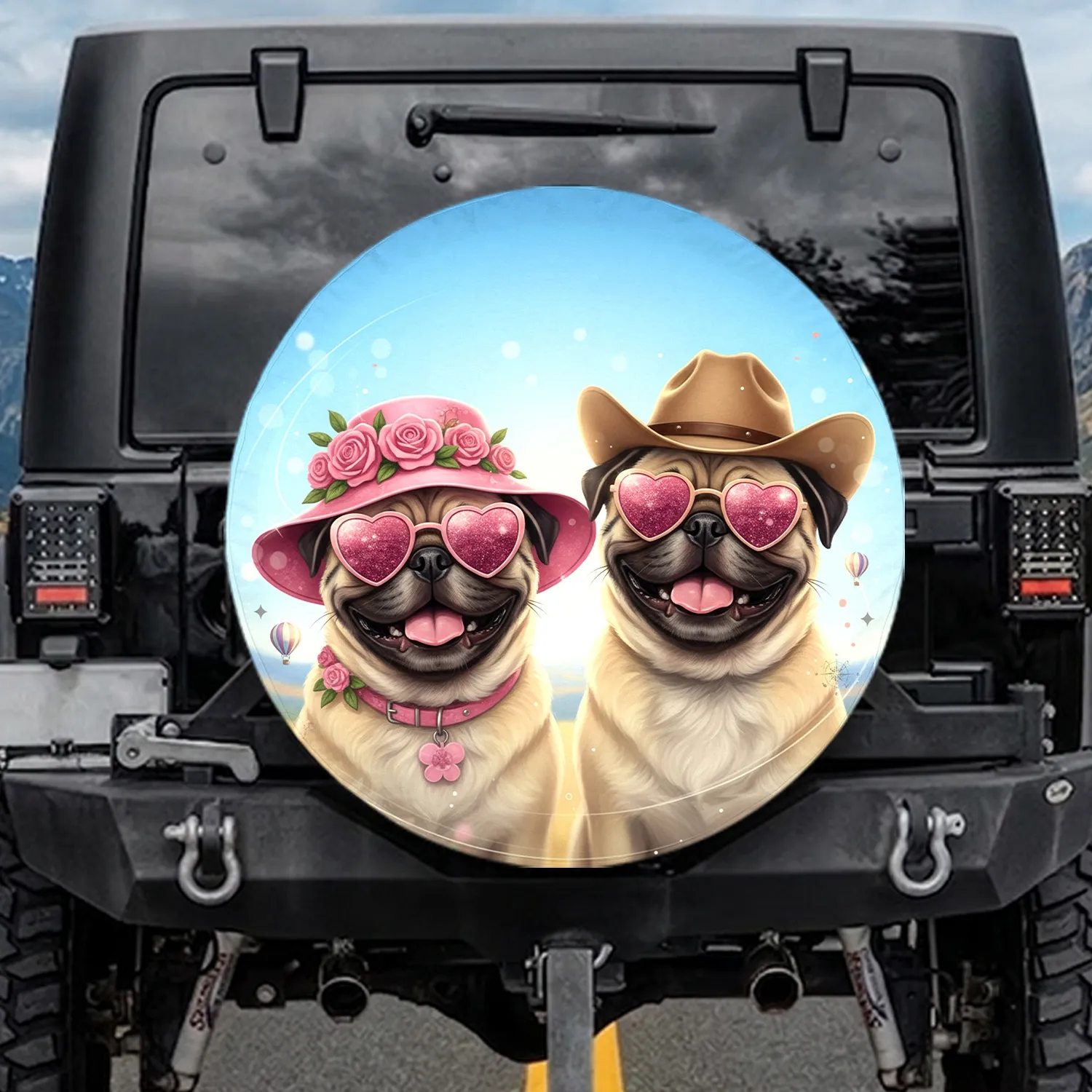 Cheerful Pugs Pink Floppy Hat Cowboy Hat Heart Sunglasses - Dog Lover Travel Essentials Gift Spare Tire Cover - 1