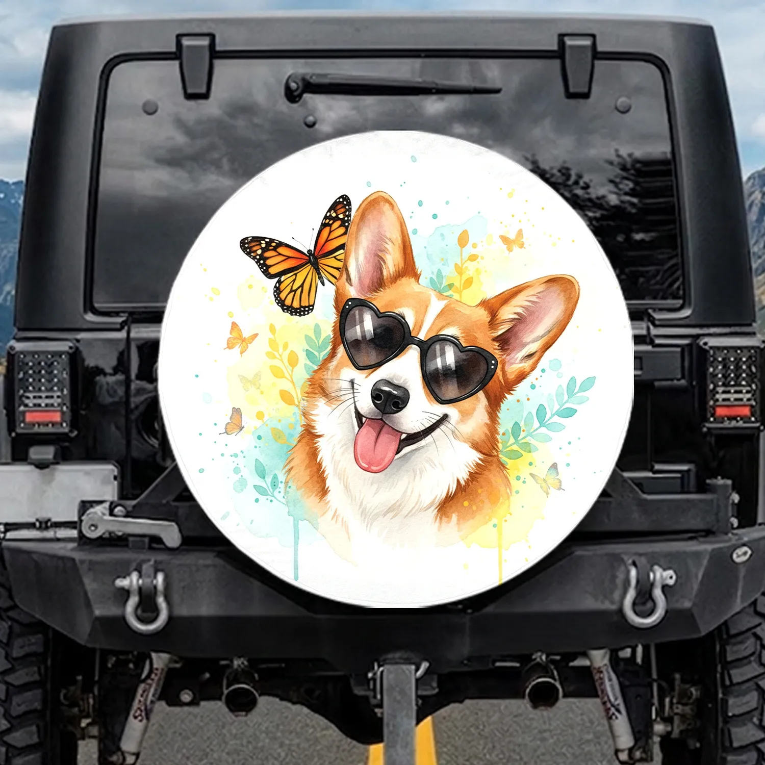 Pembroke Welsh Corgi Dog Heart Sunglasses Monarch Butterfly Watercolor - Dog Lover Gift Spare Tire Cover - 1