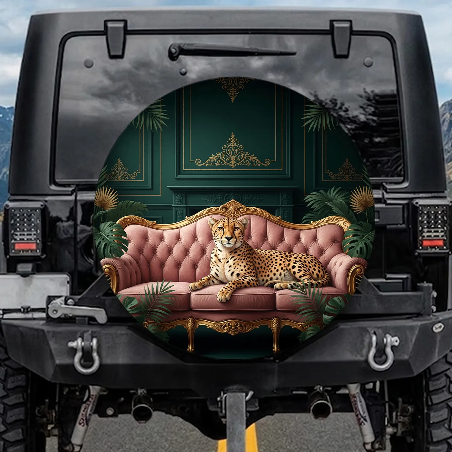 Regal Cheetah Velvet Sofa Tropical Leaves Emerald Walls Ornate Trim - Home Decor Gift Spare Tire Cover - 1