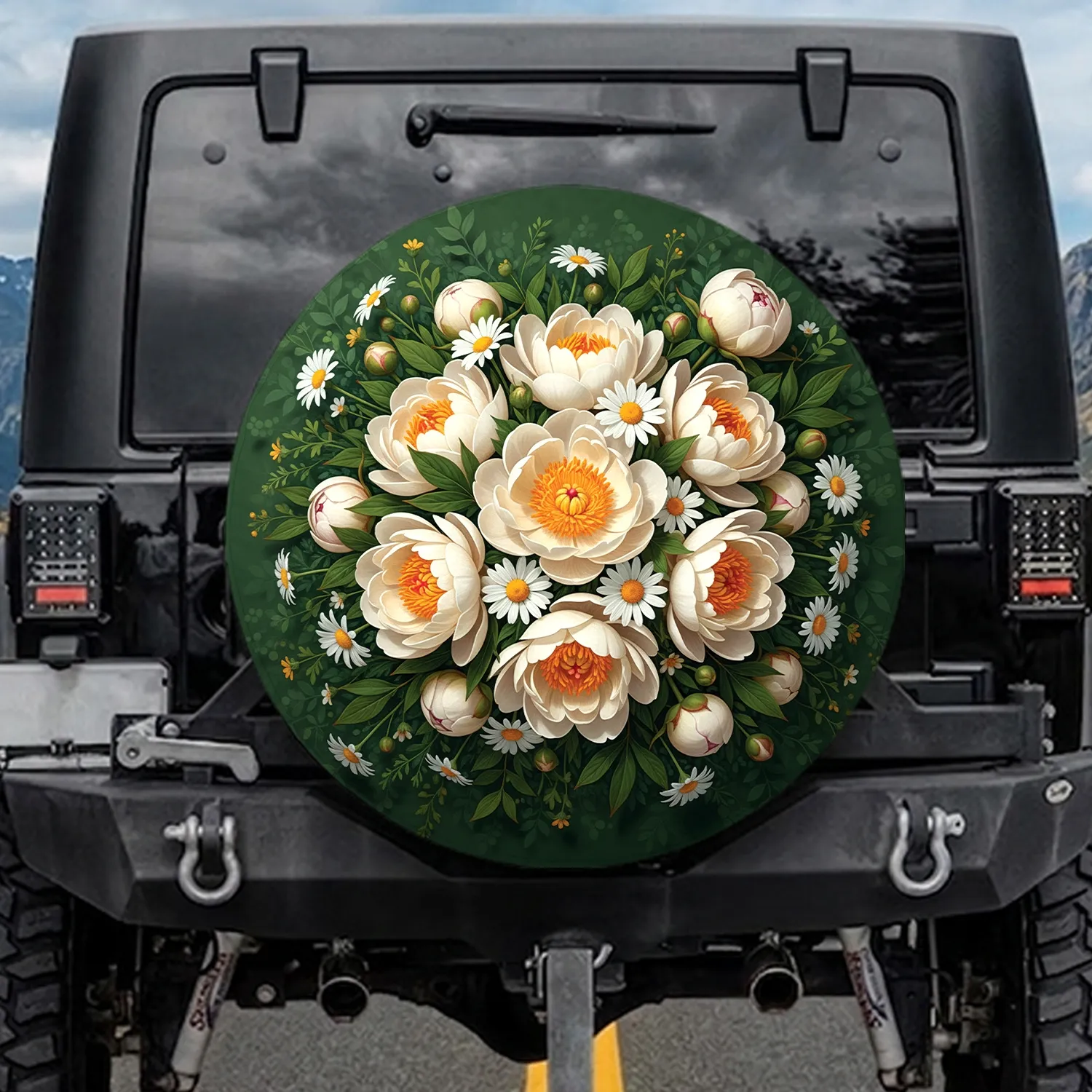 Peonies Daisies Foliage - Botanical Garden Lover Vehicle Decor Gift Spare Tire Cover - 1