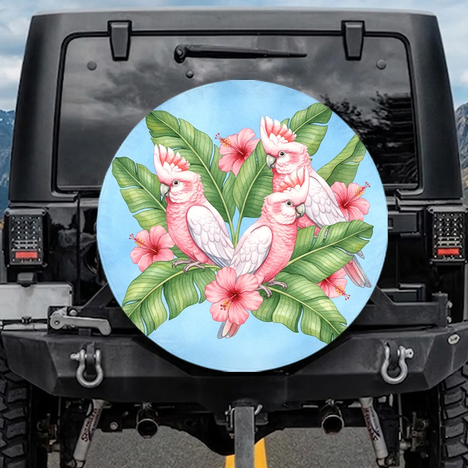 Pink Galah Cockatoos Tropical Hibiscus Flowers Banana Leaves - Bird Lover Gift Spare Tire Cover - 1