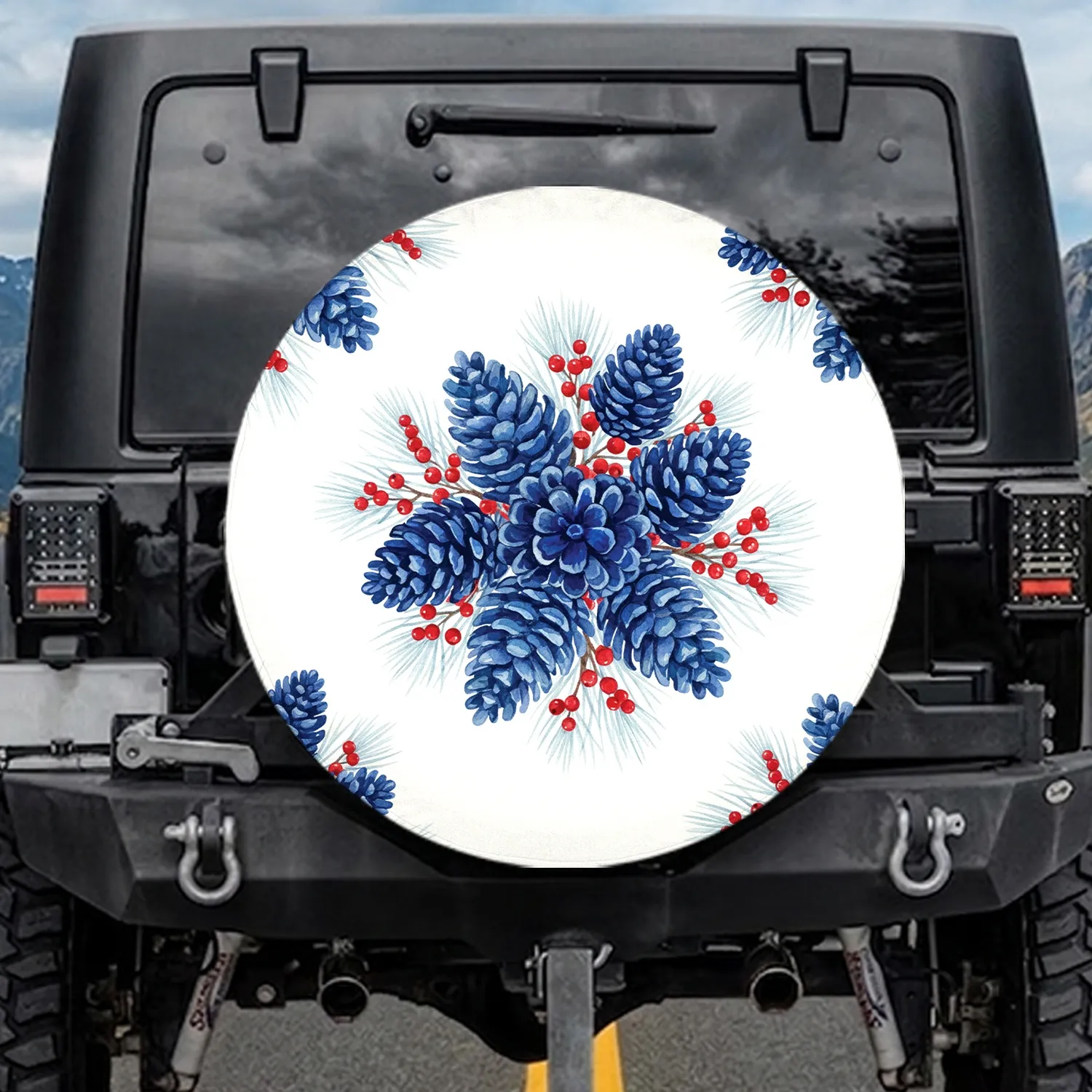 Blue Pinecones Red Berries Pine Branches - Nature Lover Gift Spare Tire Cover - 1