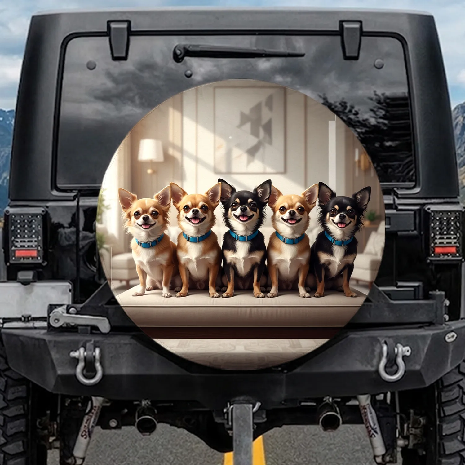 Six Chihuahua Dogs Bench Modern Interior - Dog Lover Vehicle Decor Gift Spare Tire Cover - 1