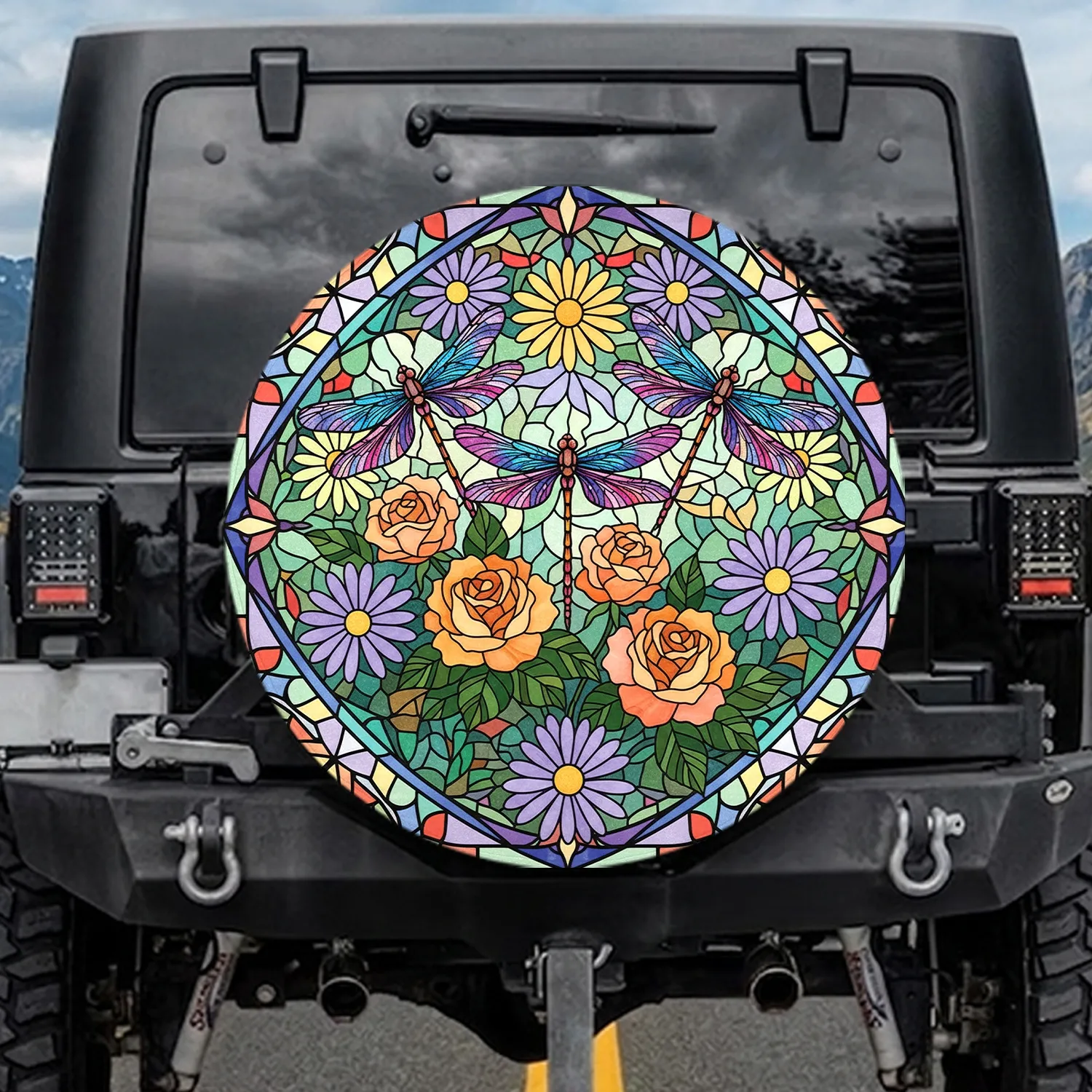 Stained Glass Dragonflies Roses Wildflowers - Nature Lover Home Decor Gift Spare Tire Cover - 1