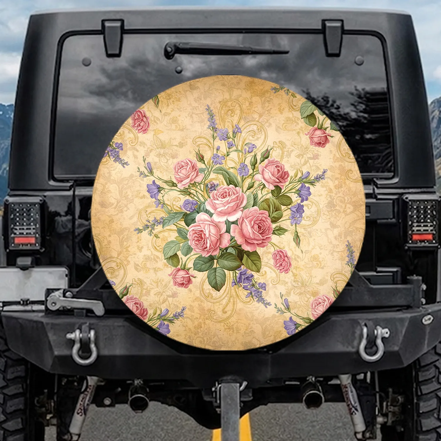 Vintage Roses Lavender Blossoms Damask Floral - Home Decor Gift Spare Tire Cover - 1