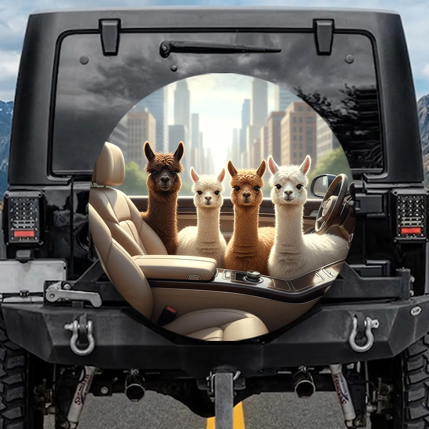 Alpaca Family Modern Vehicle City Skyline - Animal Lover Road Trip Gift Spare Tire Cover - 1