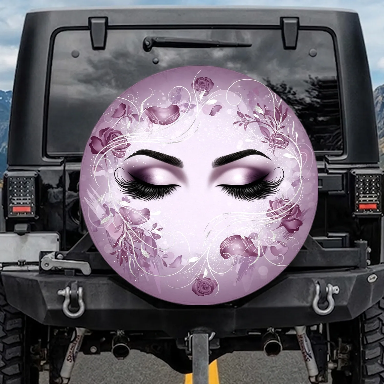Elegant Closed Female Eyes Rose Petal Glitter Light Lavender Plum - Home Decor Gift Spare Tire Cover - 1