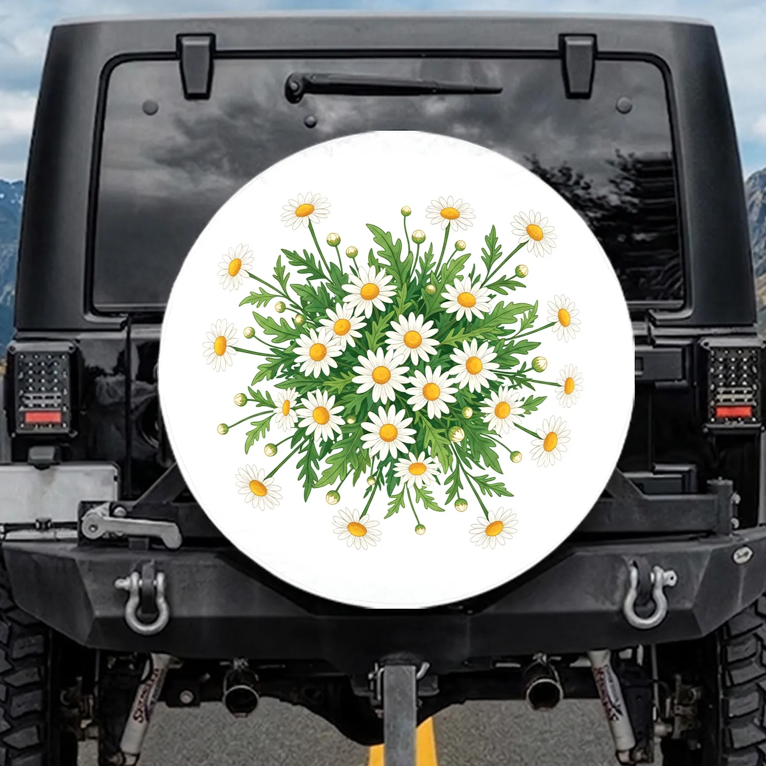 White Daisies Green Leaves Floral - Garden Lover Home Decor Gift Spare Tire Cover - 1