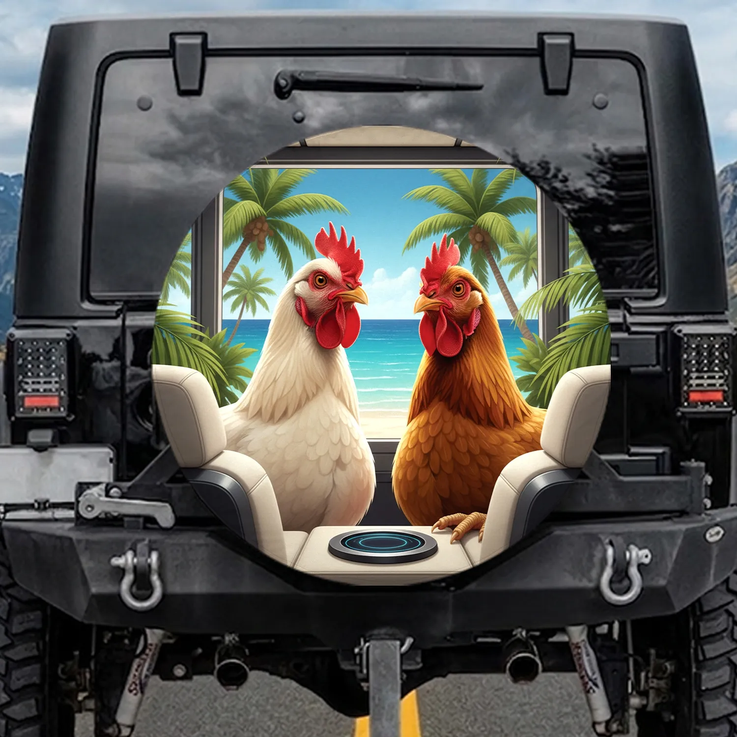 Realistic Chickens Tropical Beach Ocean - Wildlife Lover Gift for Chicken Lover Spare Tire Cover - 1