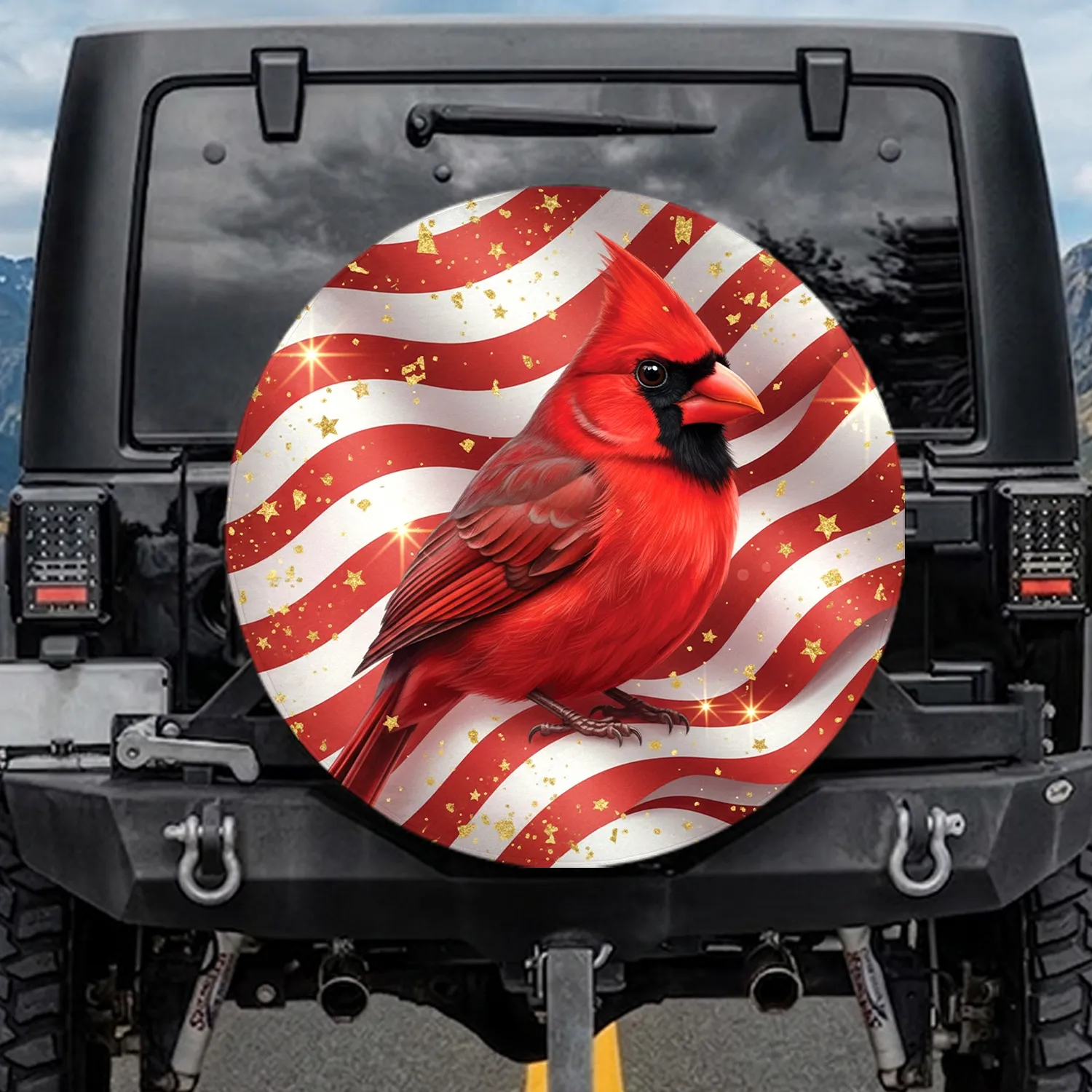 Northern Cardinal Red White Stripes Golden Glitter - Patriotic Car Decor Spare Tire Cover - 1