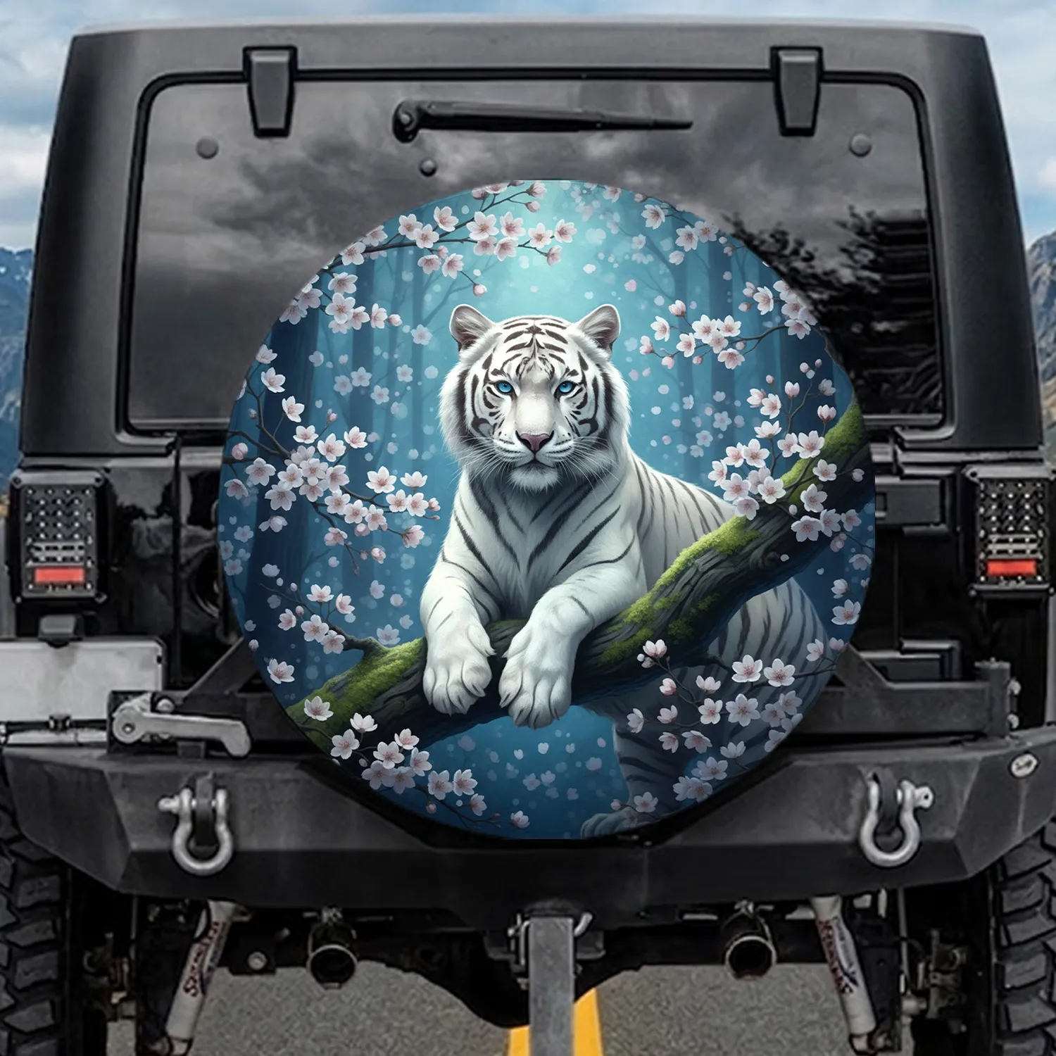 White Tiger Sapphire Eye Cherry Blossom Twilight Forest - Wildlife Lover Gift Spare Tire Cover - 1