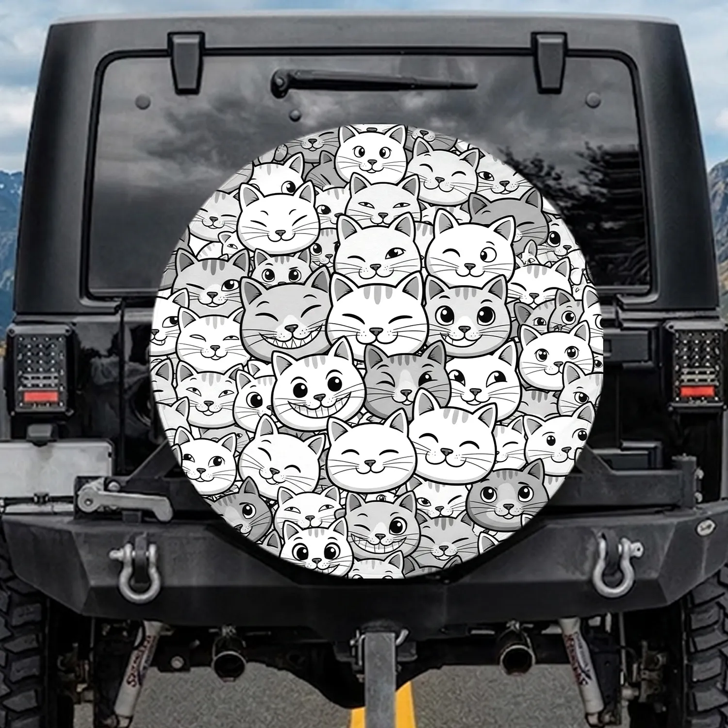 Crowd of Black White Gray Cat Faces with Varied Expressions - Cat Lover Gift Spare Tire Cover - 1