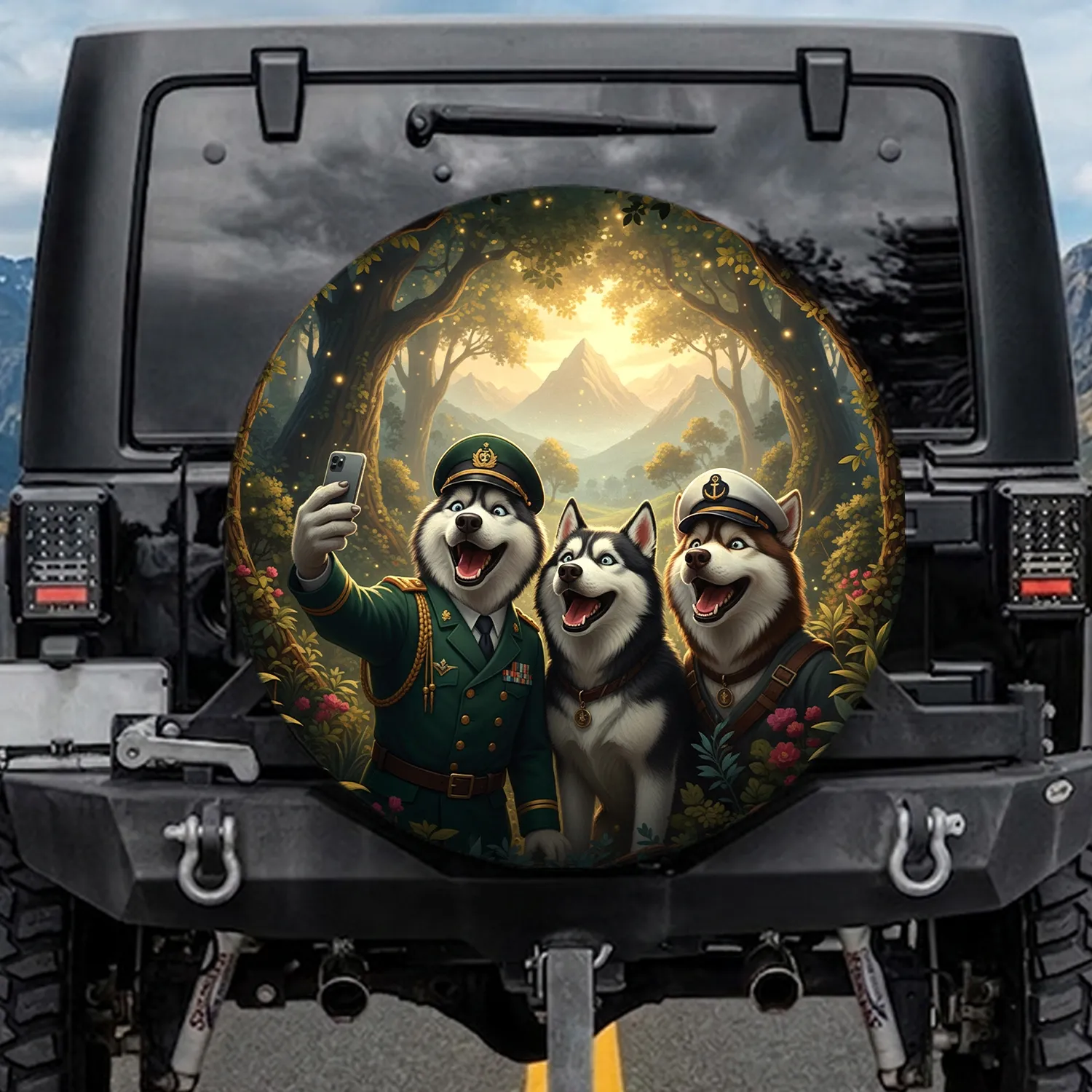 Anthropomorphic Huskies Selfie Military Captain - Outdoor Adventure Gift for Dog Lovers Spare Tire Cover - 1