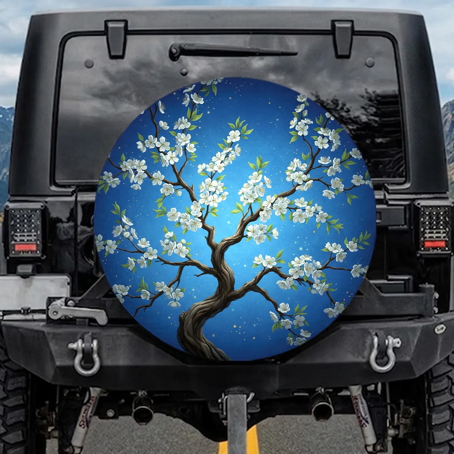 Gnarled Tree Branch White Blossoms Green Leaves Blue Sky - Outdoor Home Decor Gift Spare Tire Cover - 1