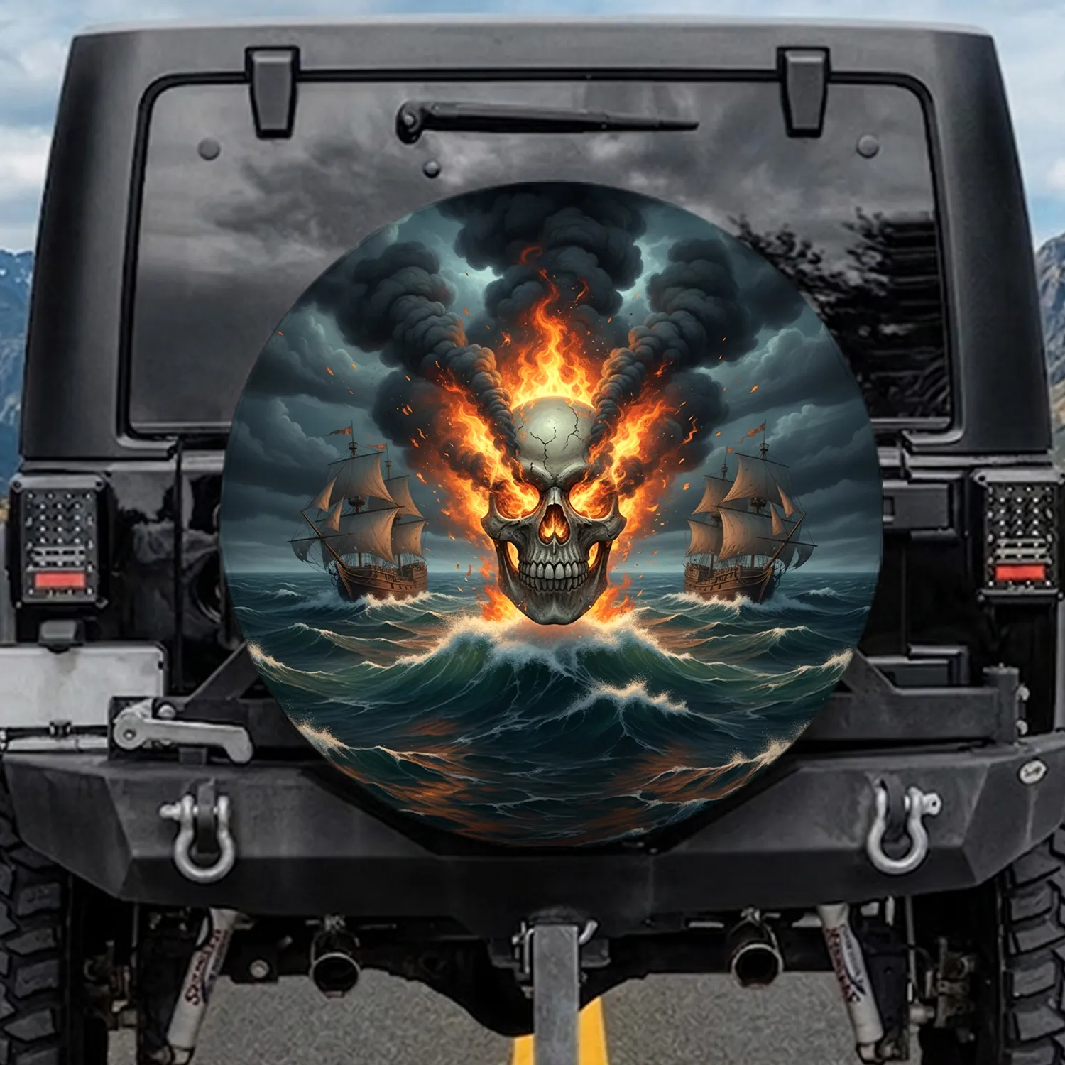 Fiery Skull Pirate Ships Ocean Storm - Adventure Lover Gift Spare Tire Cover - 1