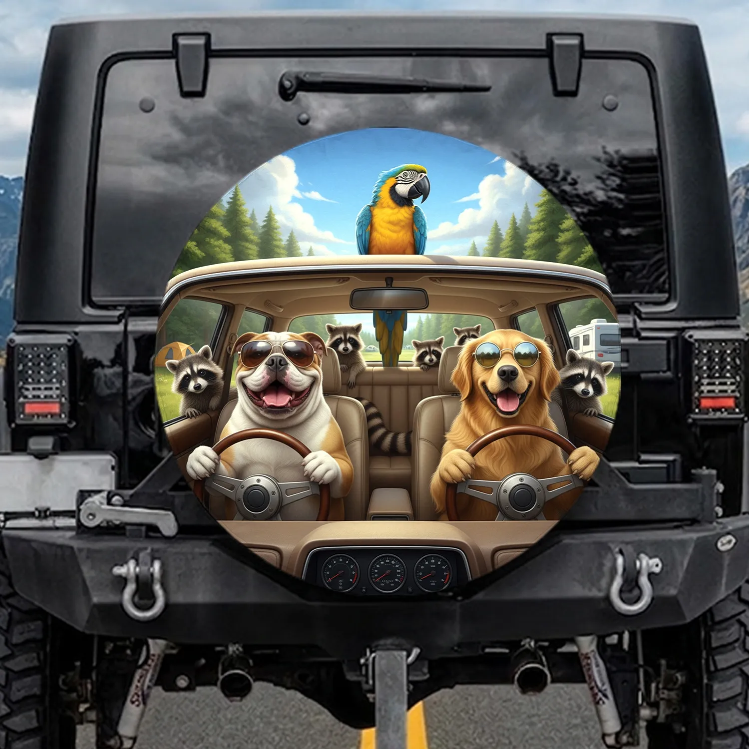 Bulldog Golden Retriever Sunglasses Macaw Raccoons Driving - Road Trip Travel Gift Spare Tire Cover - 1