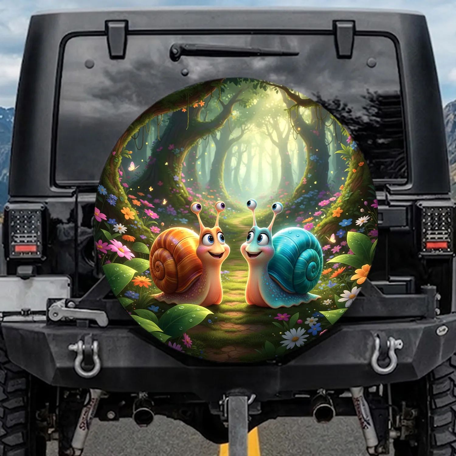 Happy Iridescent Snails Enchanted Forest Path Wildflowers - Wildlife Lover Gift Spare Tire Cover - 1