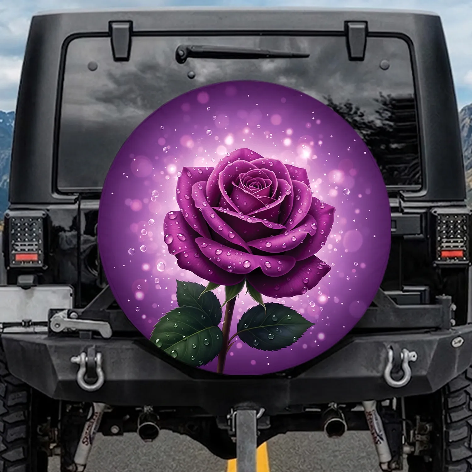 Magnificent Purple Rose Glistening Dewdrops Green Leaves - Garden Nature Gift Spare Tire Cover - 1