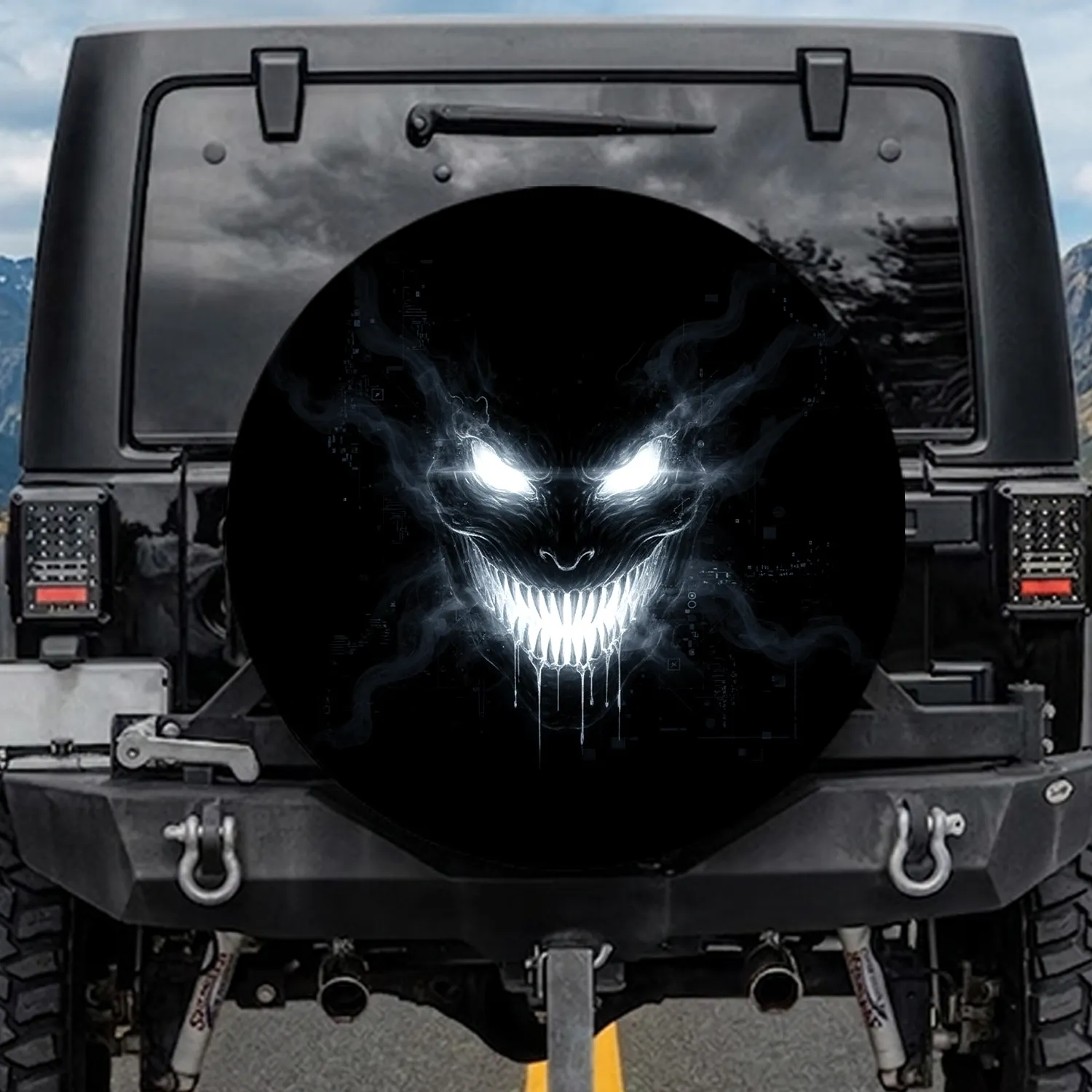 Haunting Digital Monster Face Glowing Eyes Jagged Grin - Horror Fan Gift Spare Tire Cover - 1