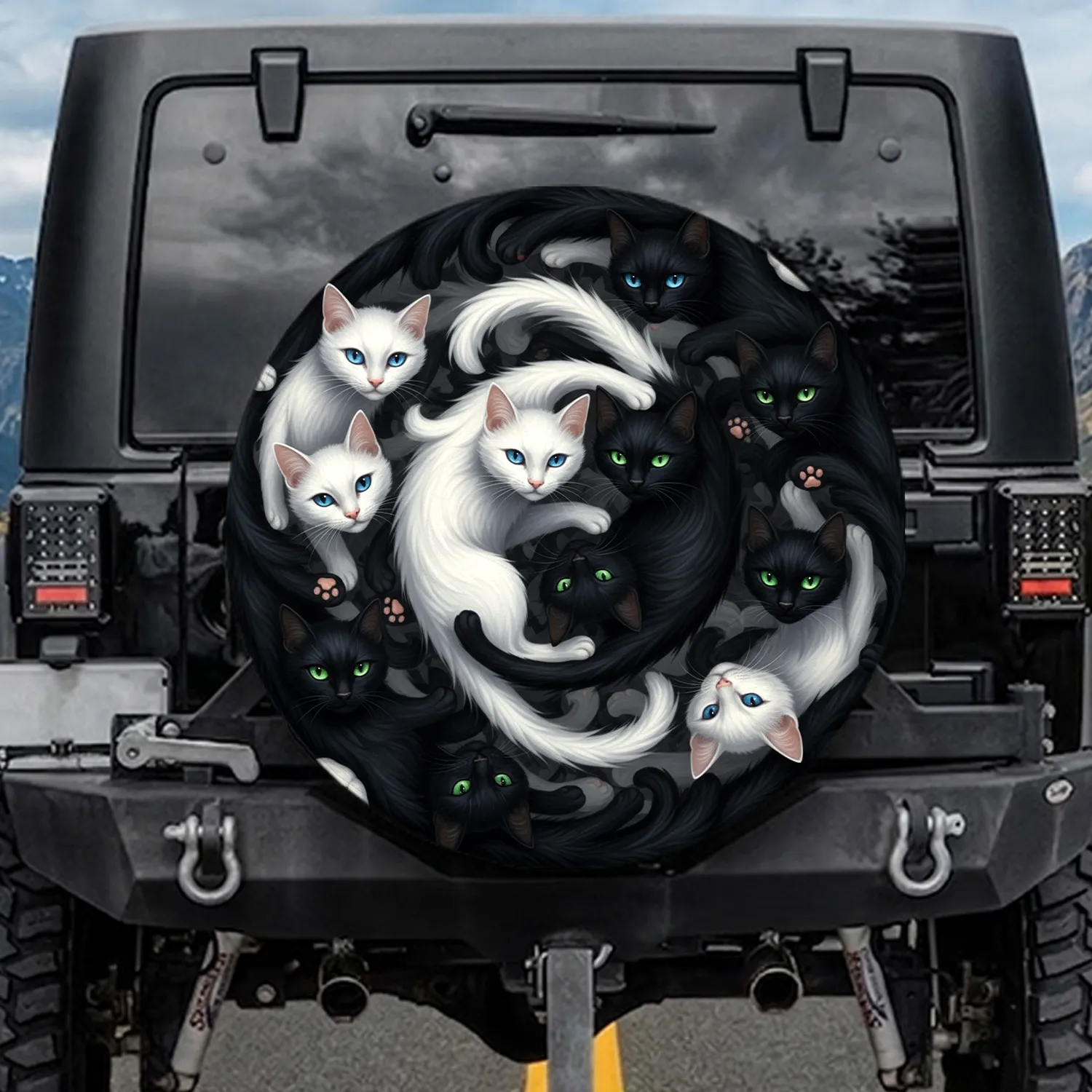 Intertwined White Black Cats Yin Yang - Cat Lover Home Decor Gift Spare Tire Cover - 1