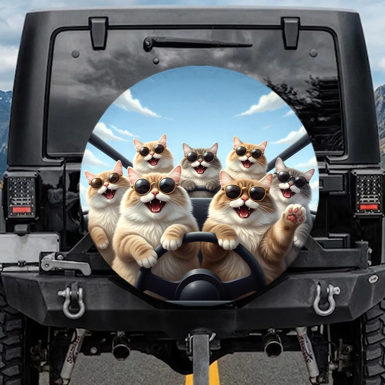 Seven Fluffy Cats Sunglasses Steering Wheel - Travel Essentials for Cat Lover Spare Tire Cover - 1
