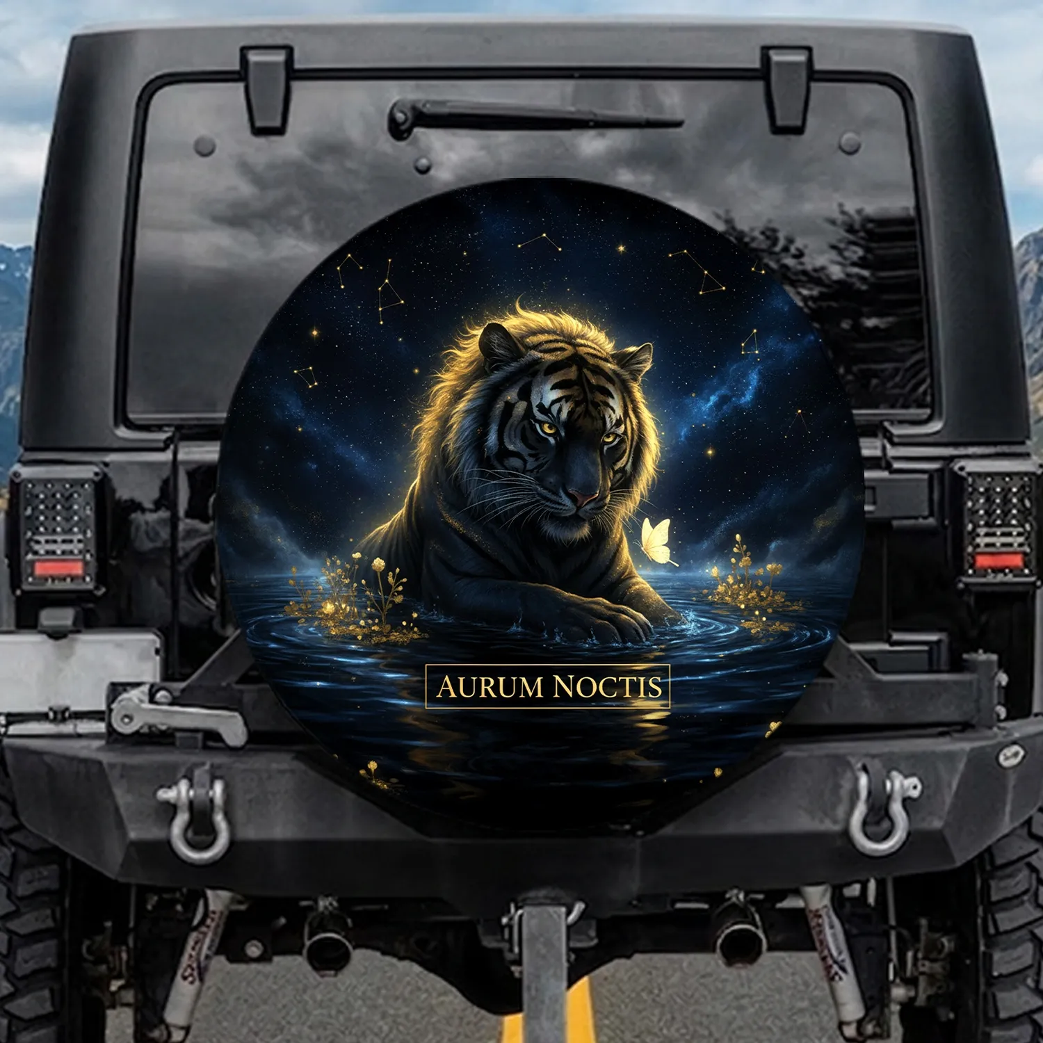 Luminous Black Tiger Golden Butterfly Dark Starry Sky - Wildlife Lover Gift Spare Tire Cover - 1