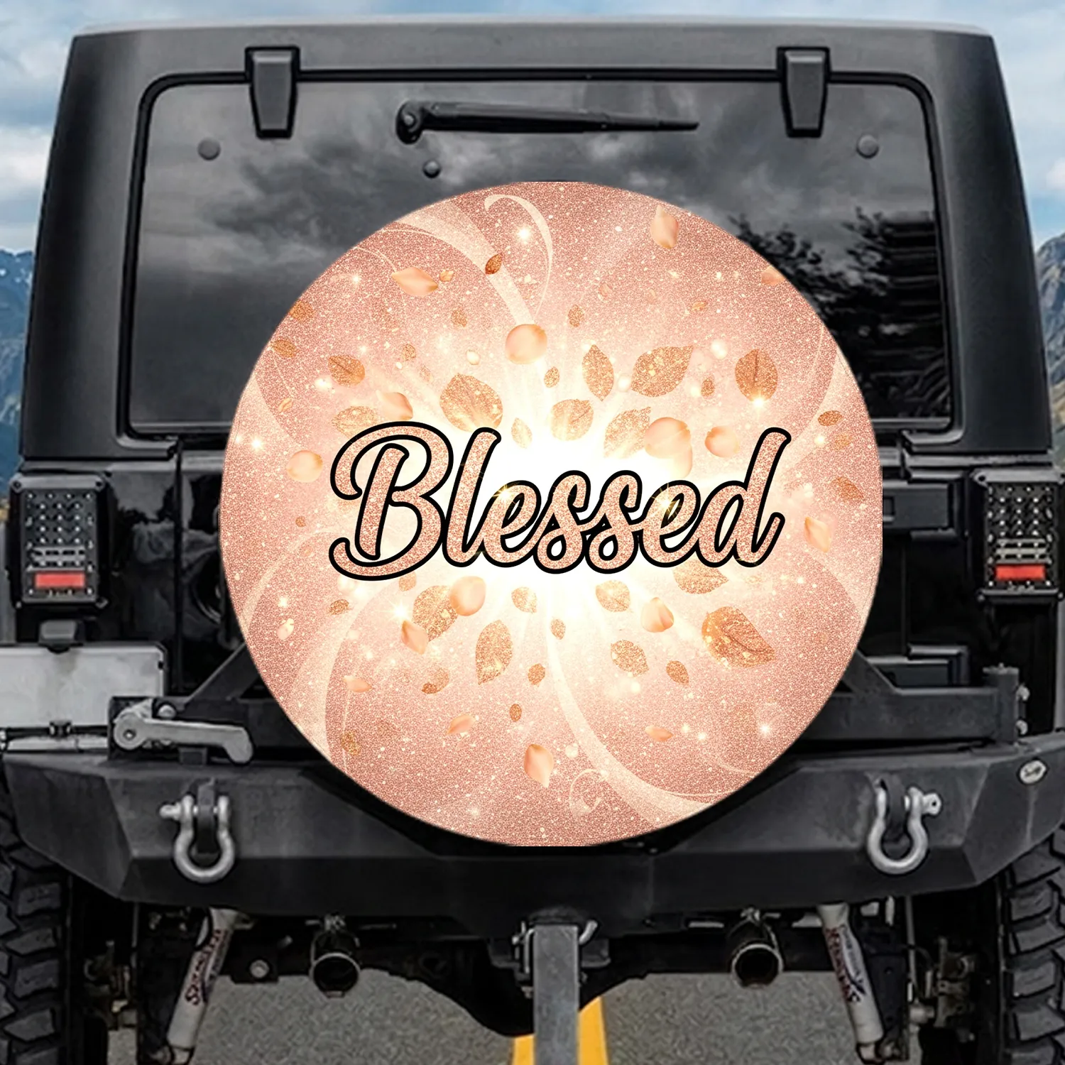 Blessed Script Rose Gold Glitter Peach Pink Black Outline Light Gold - Inspirational Gift Spare Tire Cover - 1
