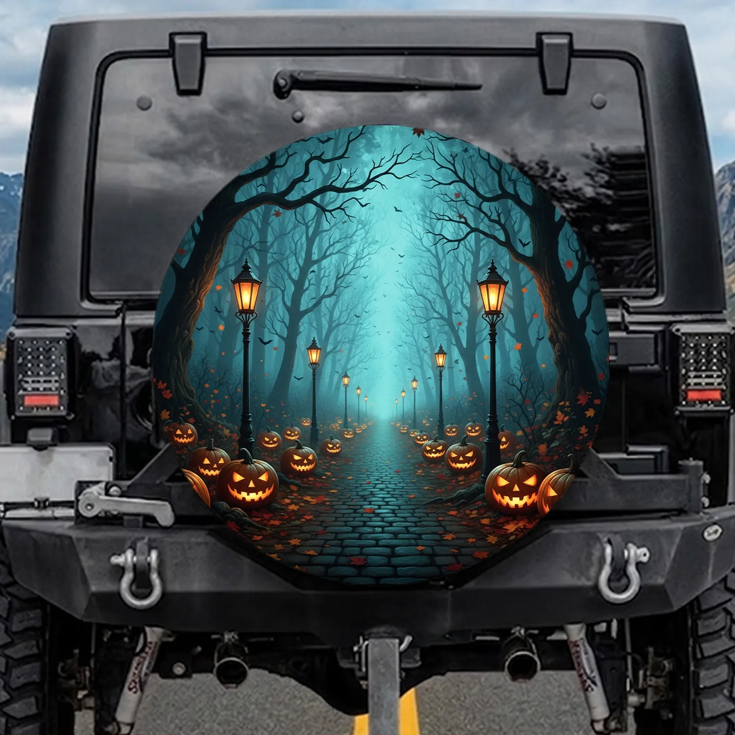 Glowing Jack-o'-Lantern Forest Path - Halloween Party Decor Spare Tire Cover - 1