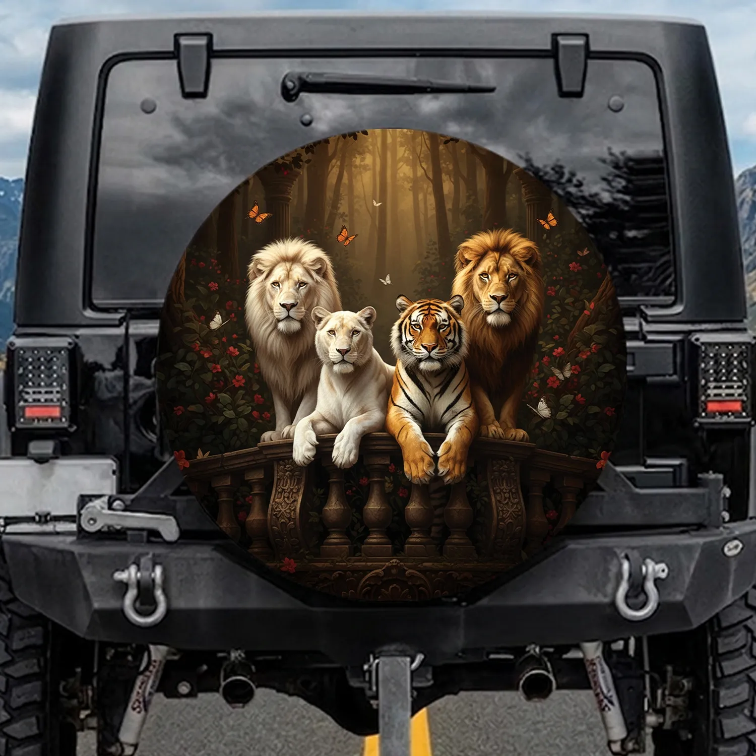 Pride Lions Regal Tiger Stone Balustrade Dark Forest - Wildlife Lover Gift Spare Tire Cover - 1