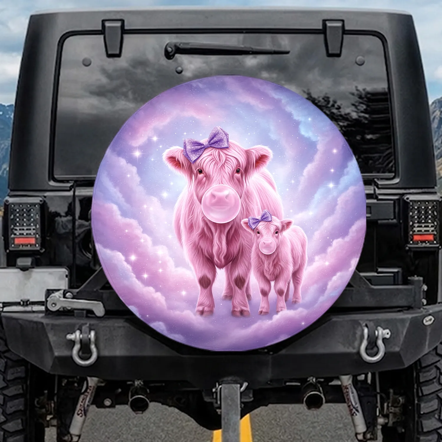 Pink Highland Cow Bubblegum Cosmic - Cow Lover Gift Spare Tire Cover - 1