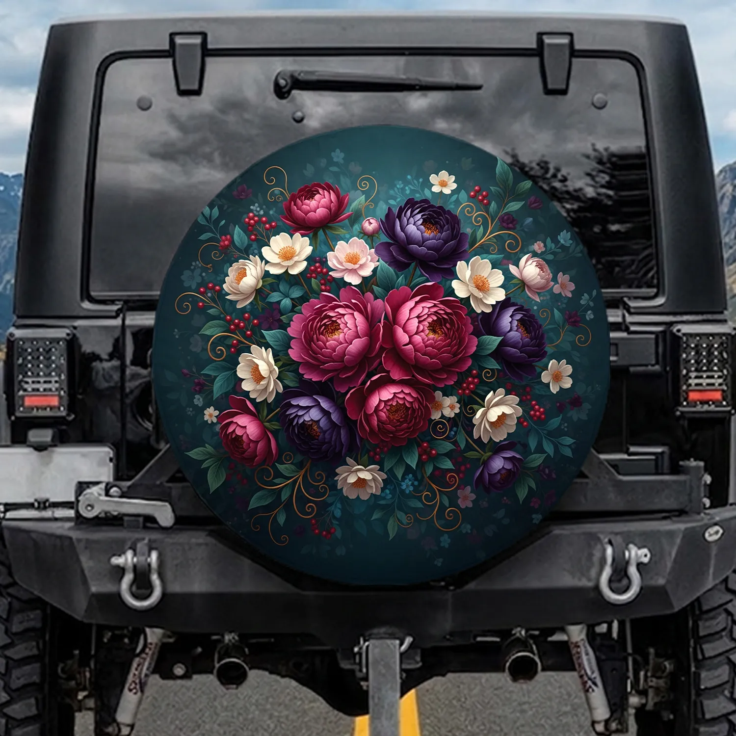 Opulent Peony Dark Purple Bloom Red Berry Green Leaf Arrangement - Home Decor Gift Spare Tire Cover - 1