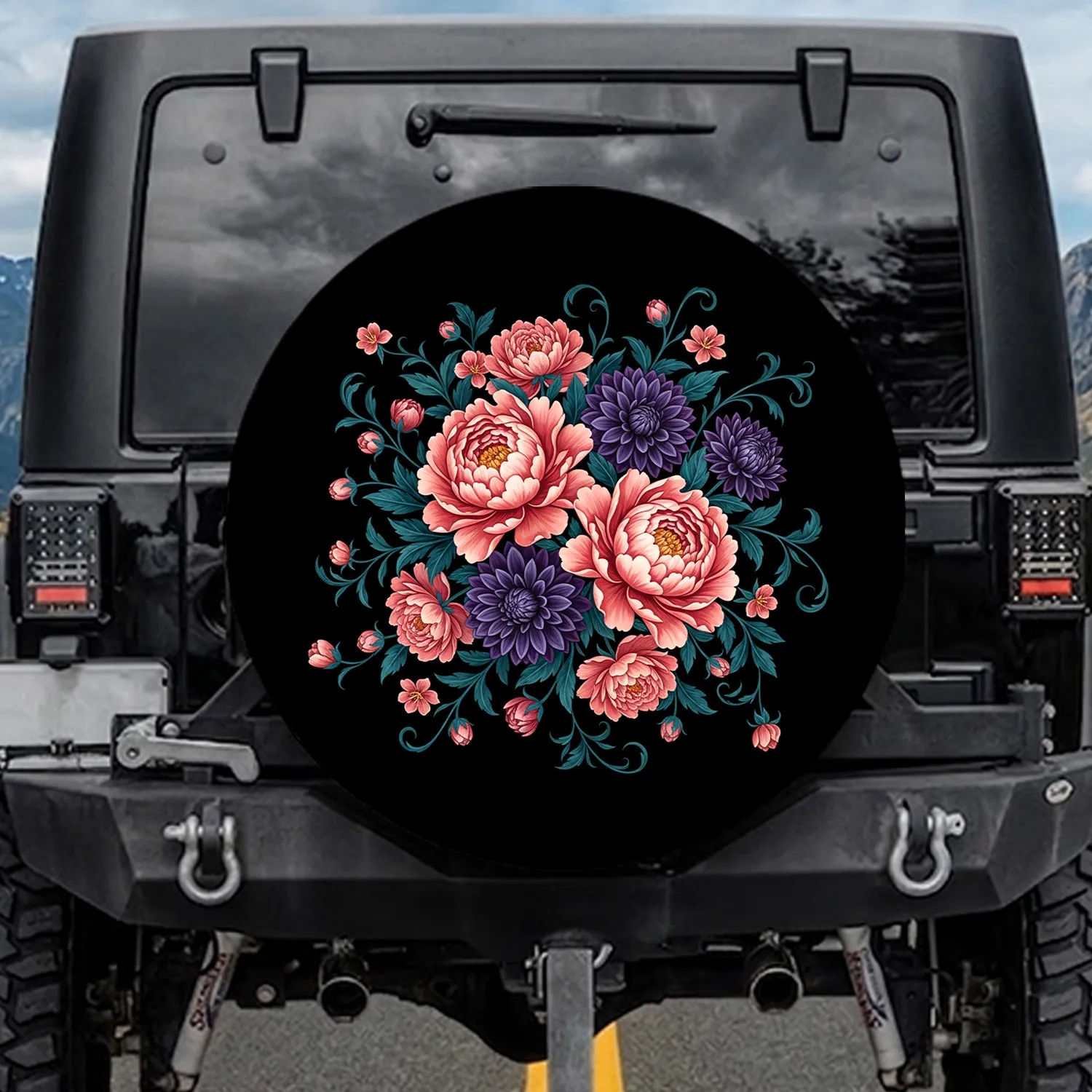 Black Background Lush Peony Dahlia Garden - Home Decor Gift for Floral Lover Spare Tire Cover - 1