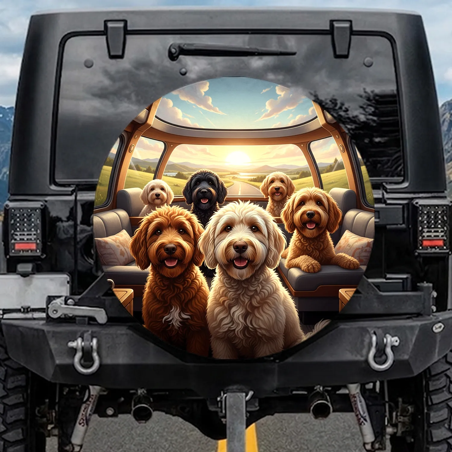 Fluffy Doodle Dogs Outdoor View Scene - Dog Lover Road Trip Gift Spare Tire Cover - 1