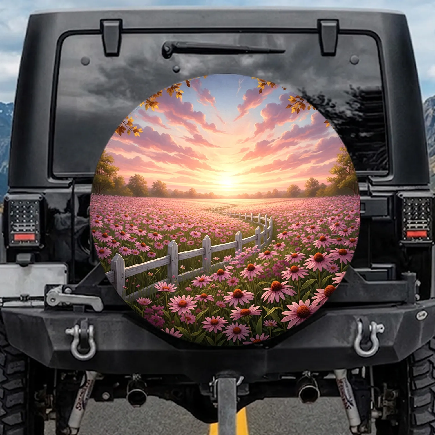 Rustic Picket Fence Wildflower Field Sunset Sky - Farmhouse Decor Gift Spare Tire Cover - 1