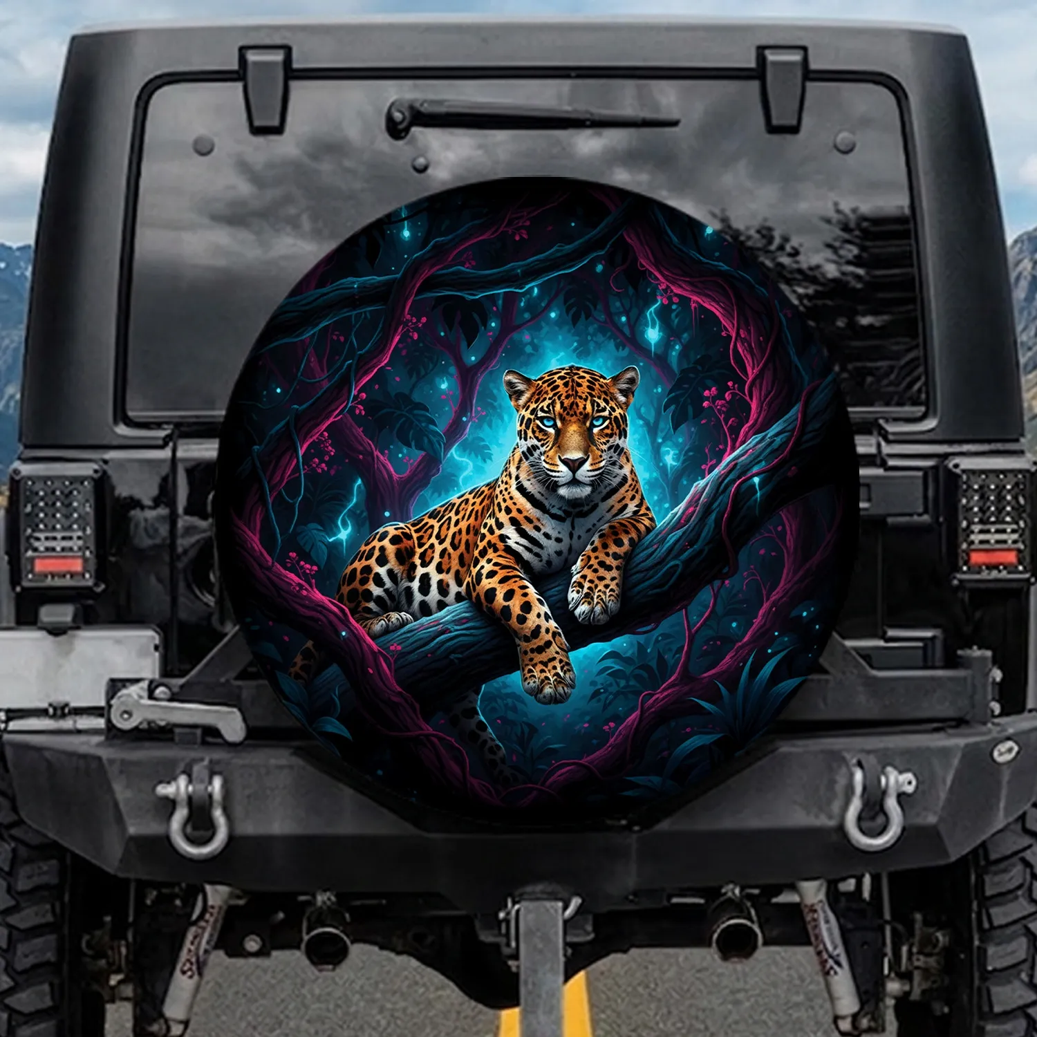 Jaguar Blue Eyes Glowing Branches Black Background - Adventure Lover Gift Spare Tire Cover - 1