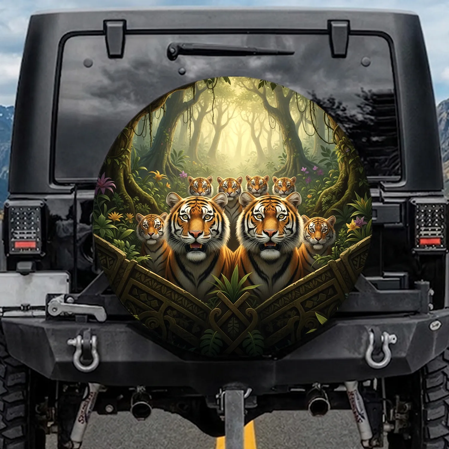 Closely Packed Wide-Eyed Tigers in Lush Tropical Jungle - Wildlife Lover Gift Spare Tire Cover - 1
