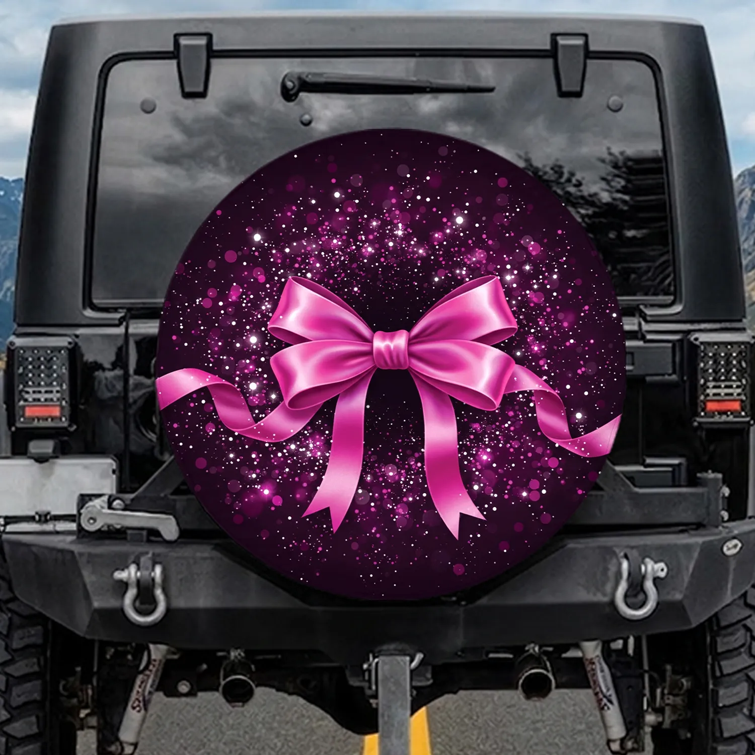 Fuchsia Pink Satin Bow Ribbon Glitter Bokeh Light Particles Sparkling Dust Celebration Gift Spare Tire Cover - 1