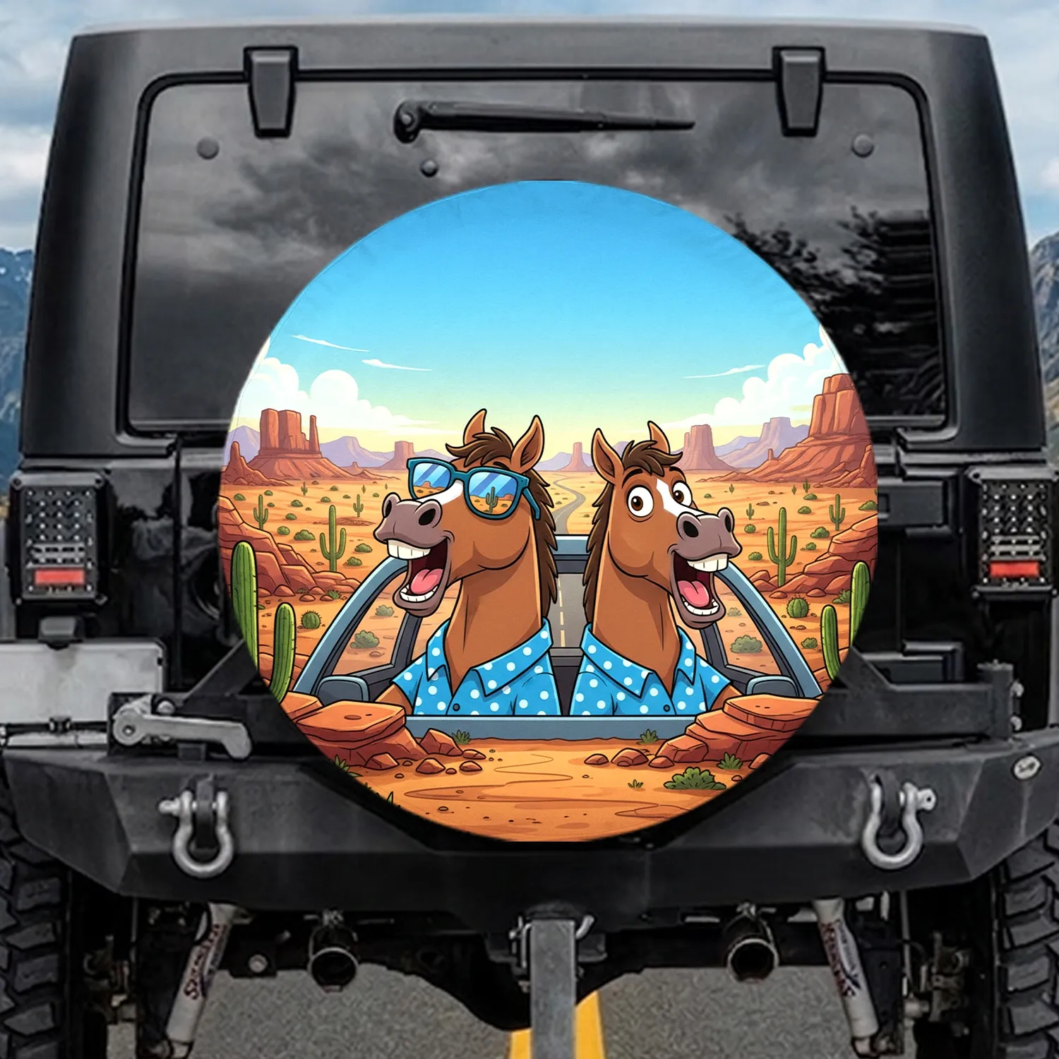 Cartoon Horses Sunglasses Desert Road Trip - Travel Lover Gift Spare Tire Cover - 1