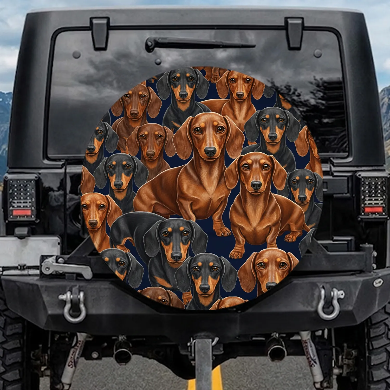 Realistic Red Brown Black Tan Dachshund Dog Group Navy Blue - Dog Lover Gift Spare Tire Cover - 1