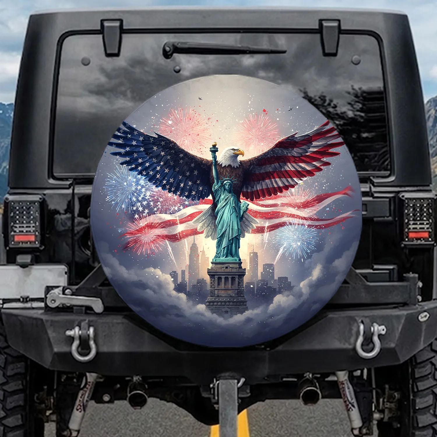 Bald Eagle American Flag Statue of Liberty - Independence Day Celebration Spare Tire Cover - 1