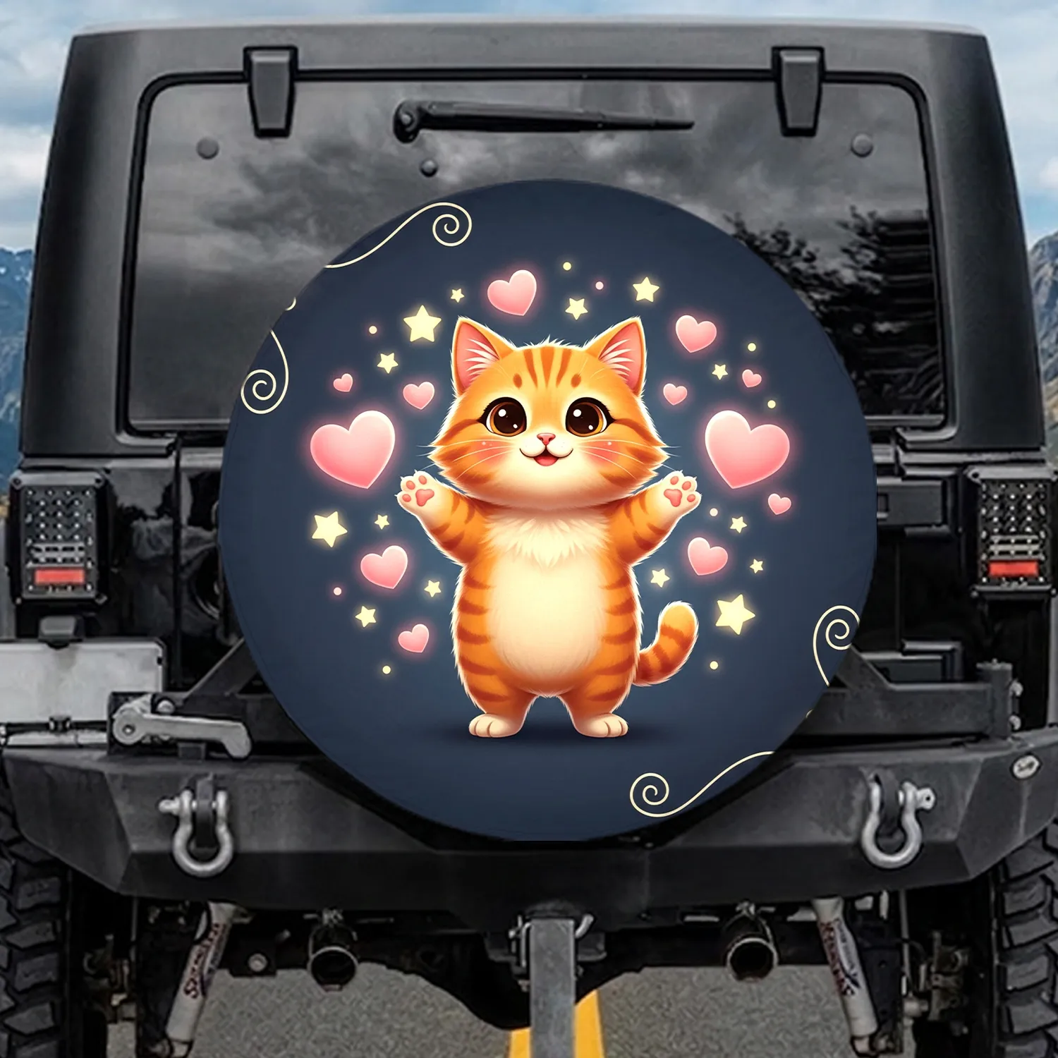 Welcoming Smiling Fluffy Orange Tabby Cat Hearts Stars - Cat Lover Gift Spare Tire Cover - 1