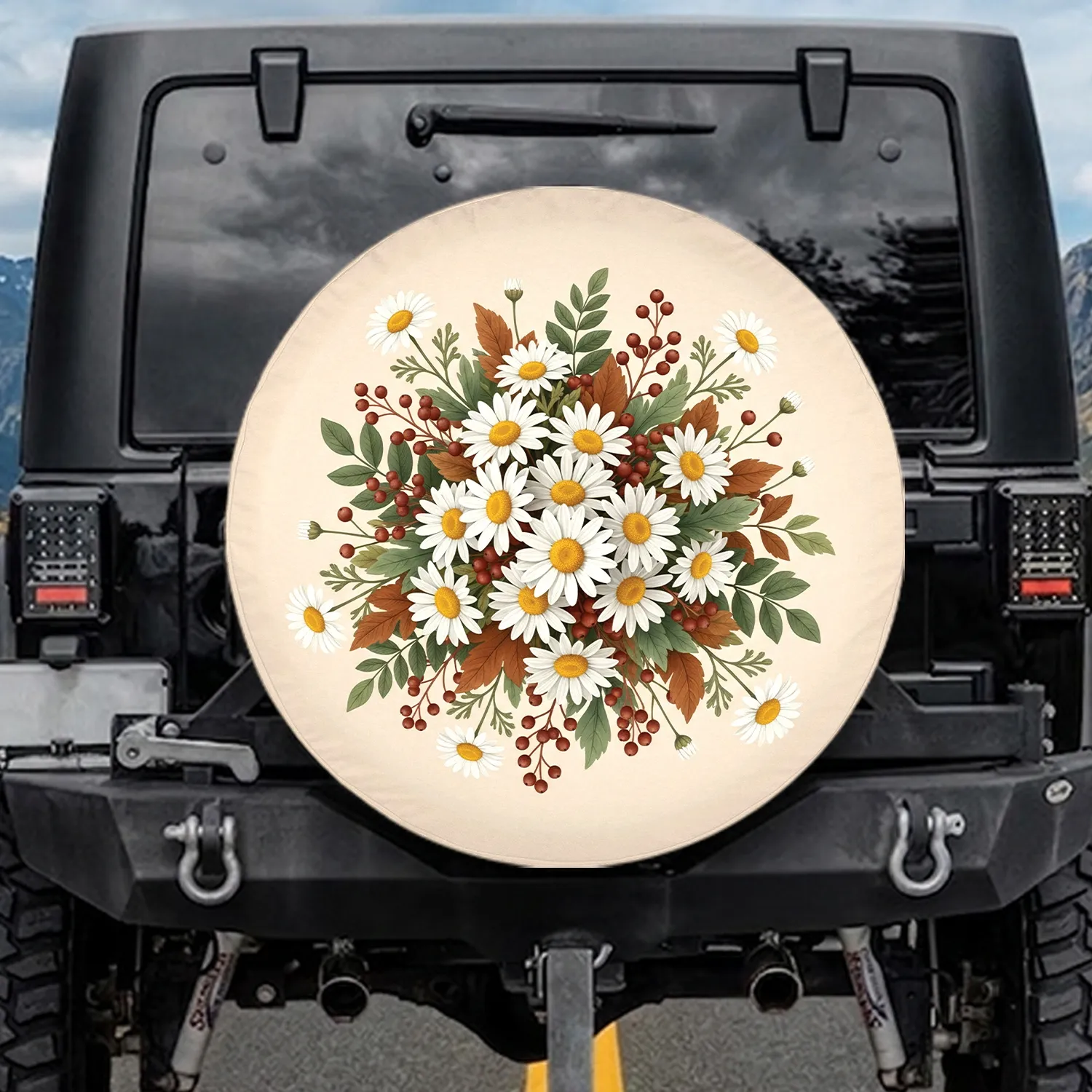 White Daisies Berry Botanical - Garden Lover Home Decor Gift Spare Tire Cover - 1