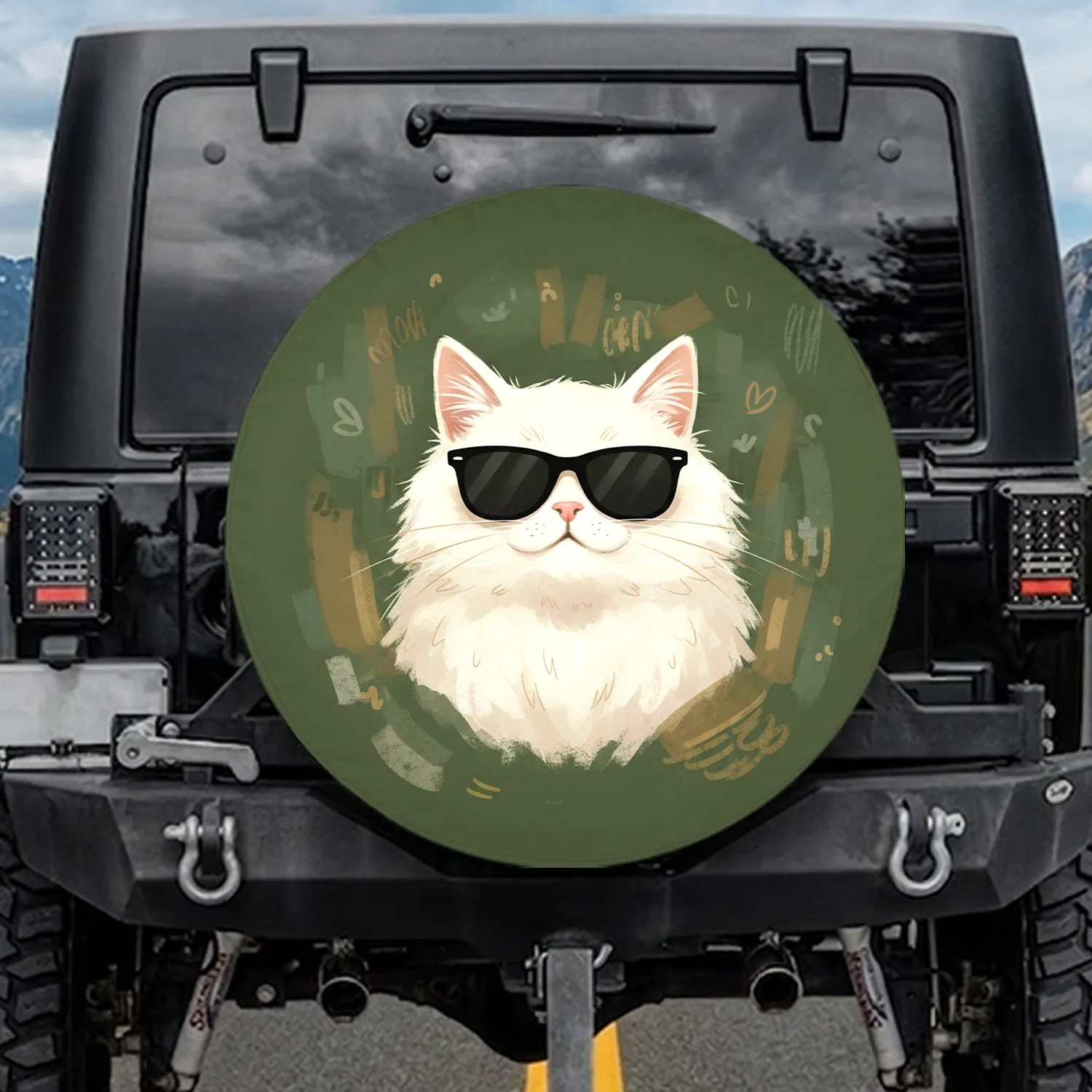 White Cat Sunglasses Olive Green Background - Home Decor Gift for Cat Lover Spare Tire Cover - 1