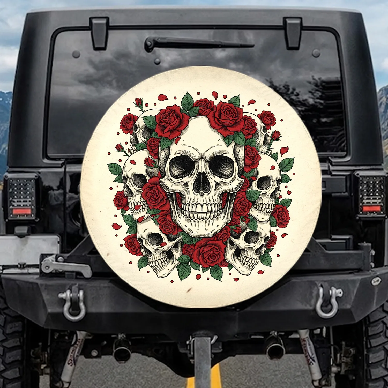 Human Skull Red Roses Floral – Occult Home Decor Gift Spare Tire Cover - 1