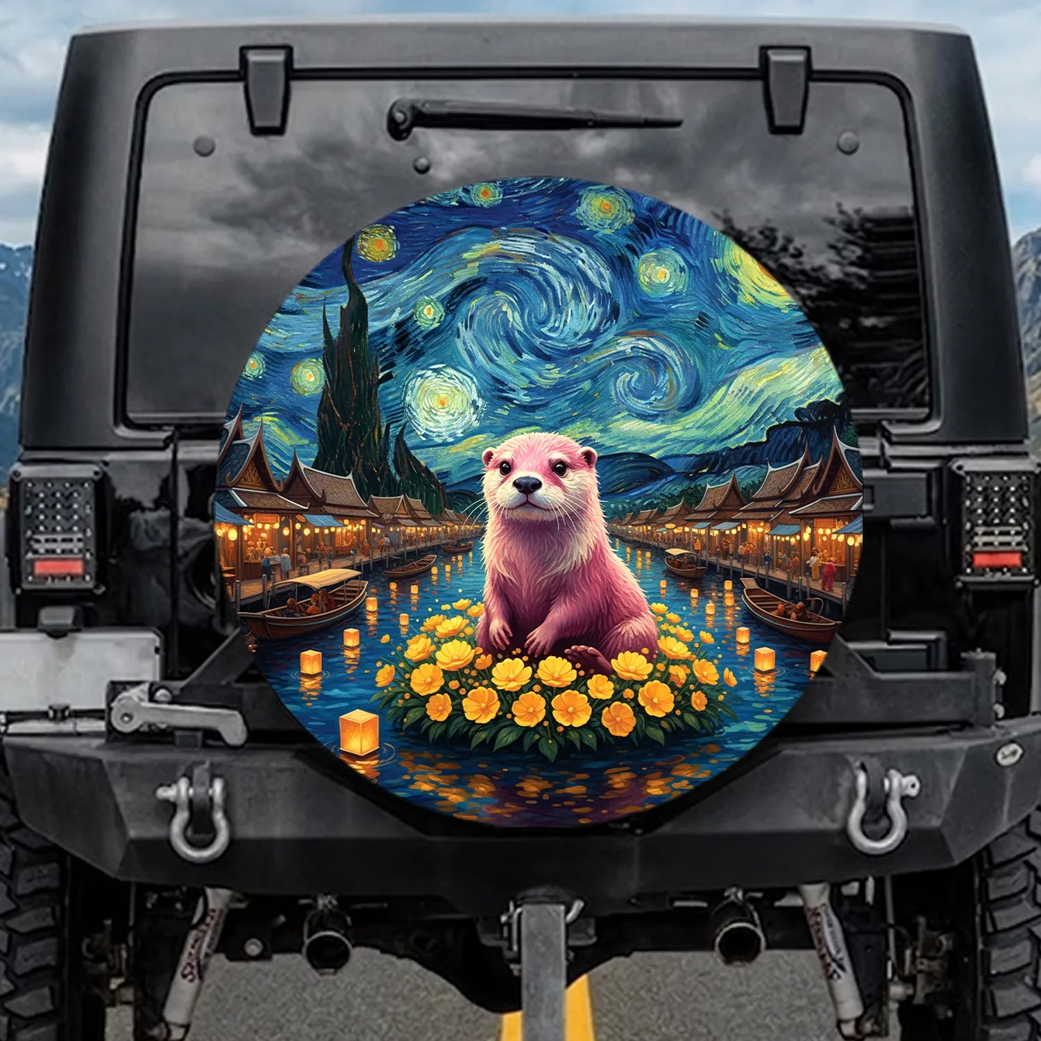 Pink Otter Floating Market Van Gogh Sky - Wildlife Lover Gift Spare Tire Cover - 1