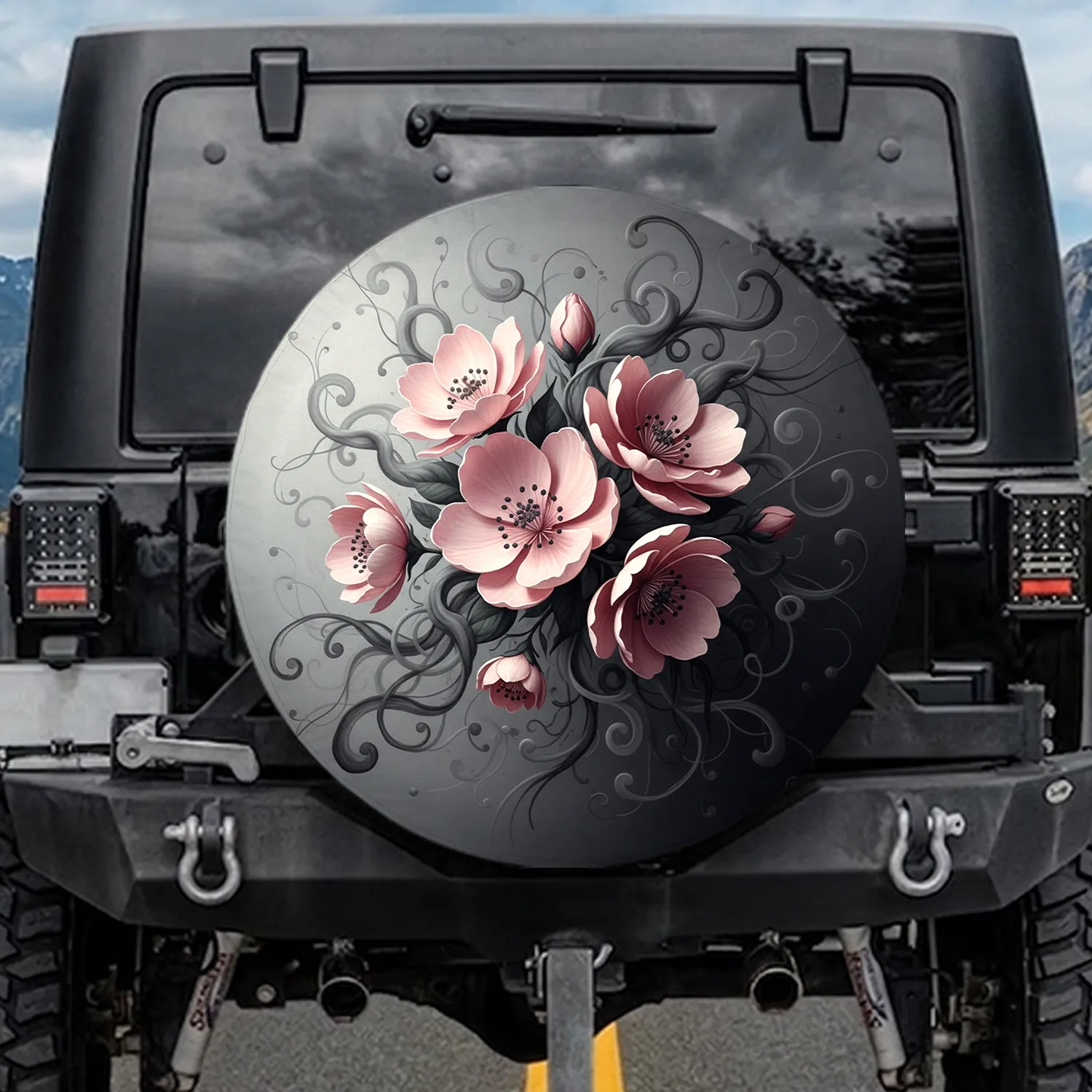 Large Soft Pink Flowers Charcoal Tendrils Grey Gradient - Home Decor Gift Spare Tire Cover - 1