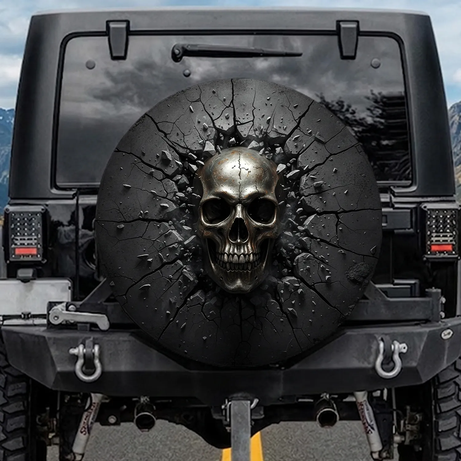 Gritty Realistic Menacing Skull Fractured Concrete Wall Automotive Accessory Gift Spare Tire Cover - 1