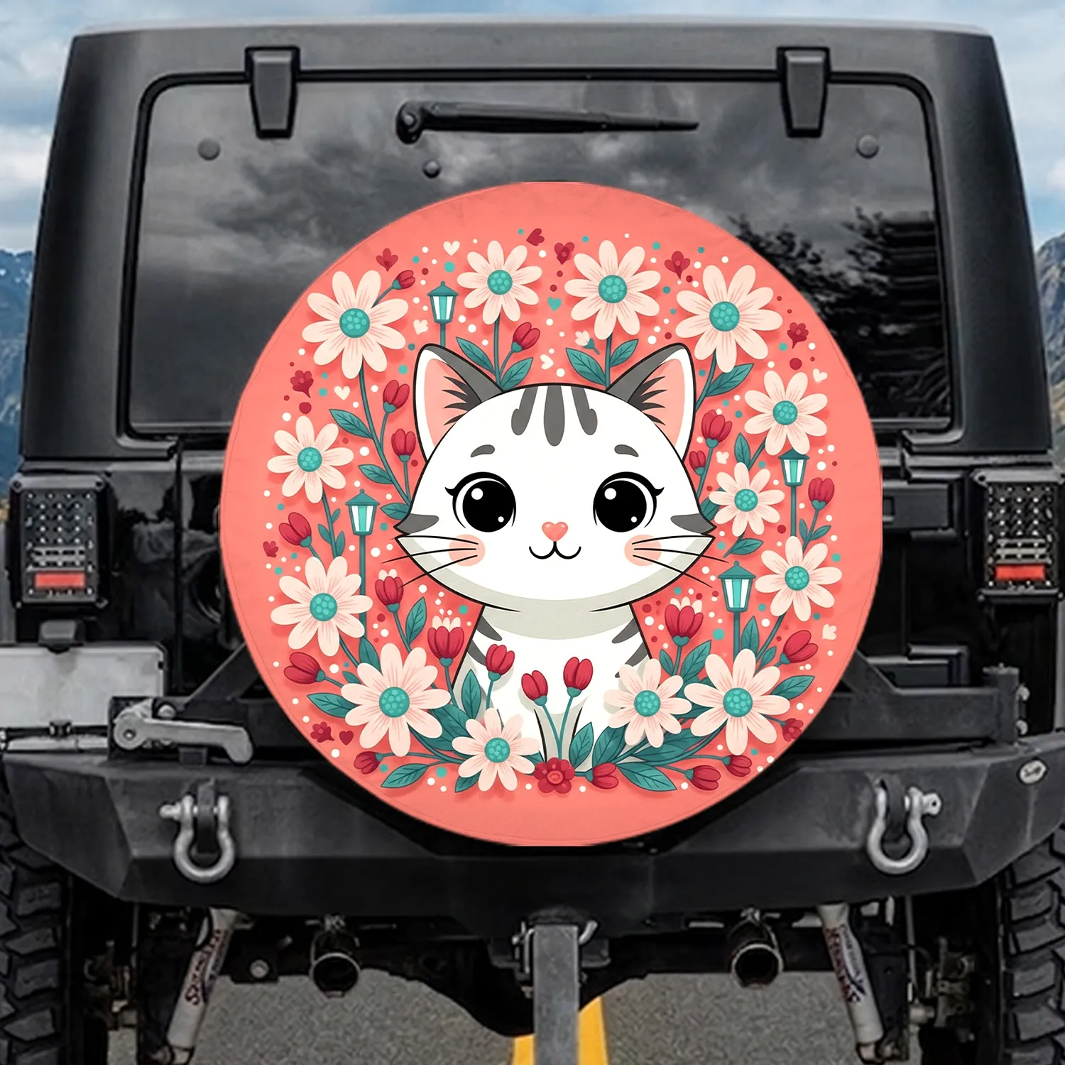 White Tabby Cat Daisy Garden Coral Pink Floral - Cat Lover Home Decor Gift Spare Tire Cover - 1