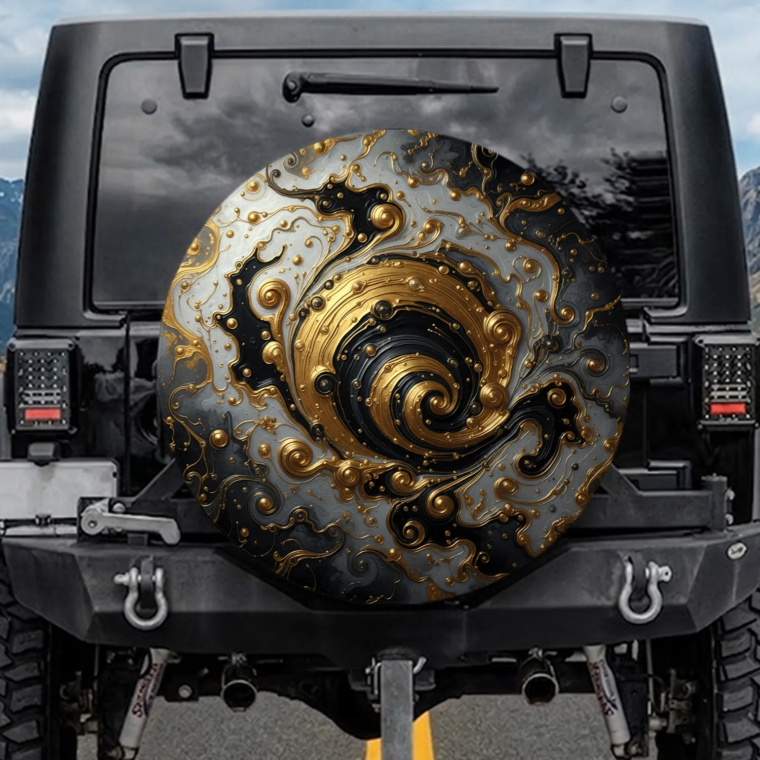Liquid Marble Metallic Gold Black Grey Swirls - Luxury Auto Accessory Gift Spare Tire Cover - 1
