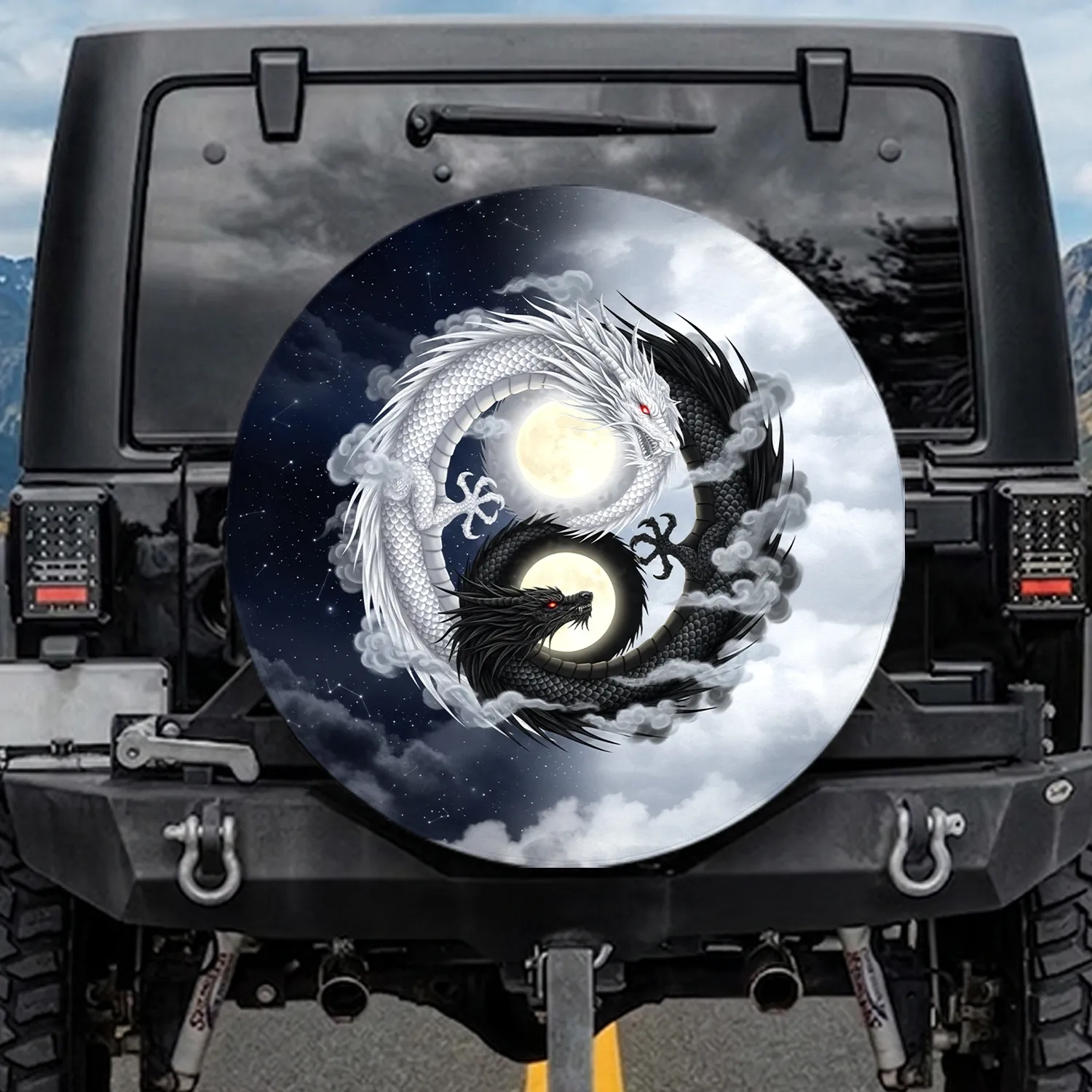 White Dragon Black Dragon Yin Yang Moon - Fantasy Lover Gift Spare Tire Cover - 1